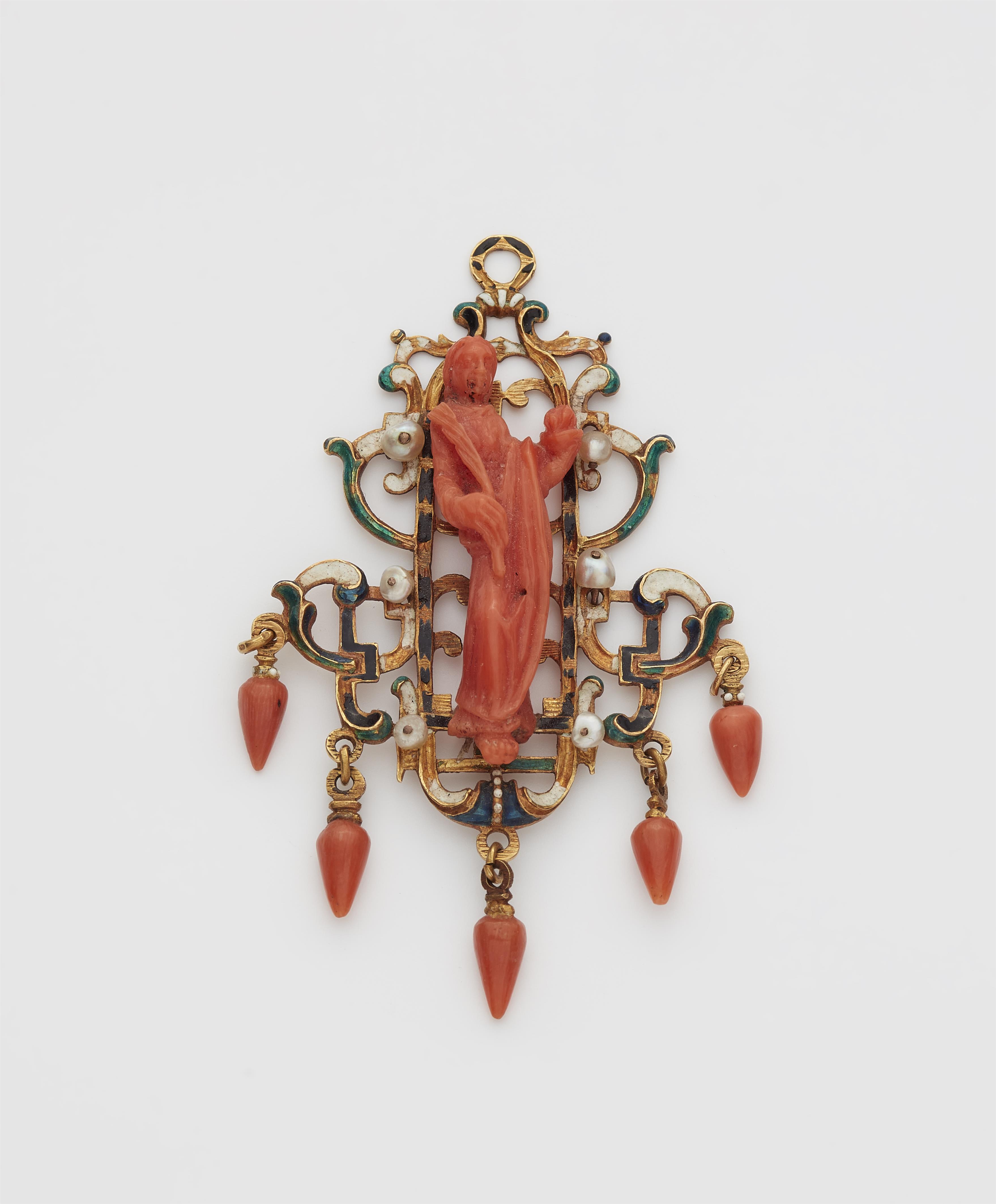 A Sicilian gold, enamel, pearl and carved coral devotional pendant. - image-1