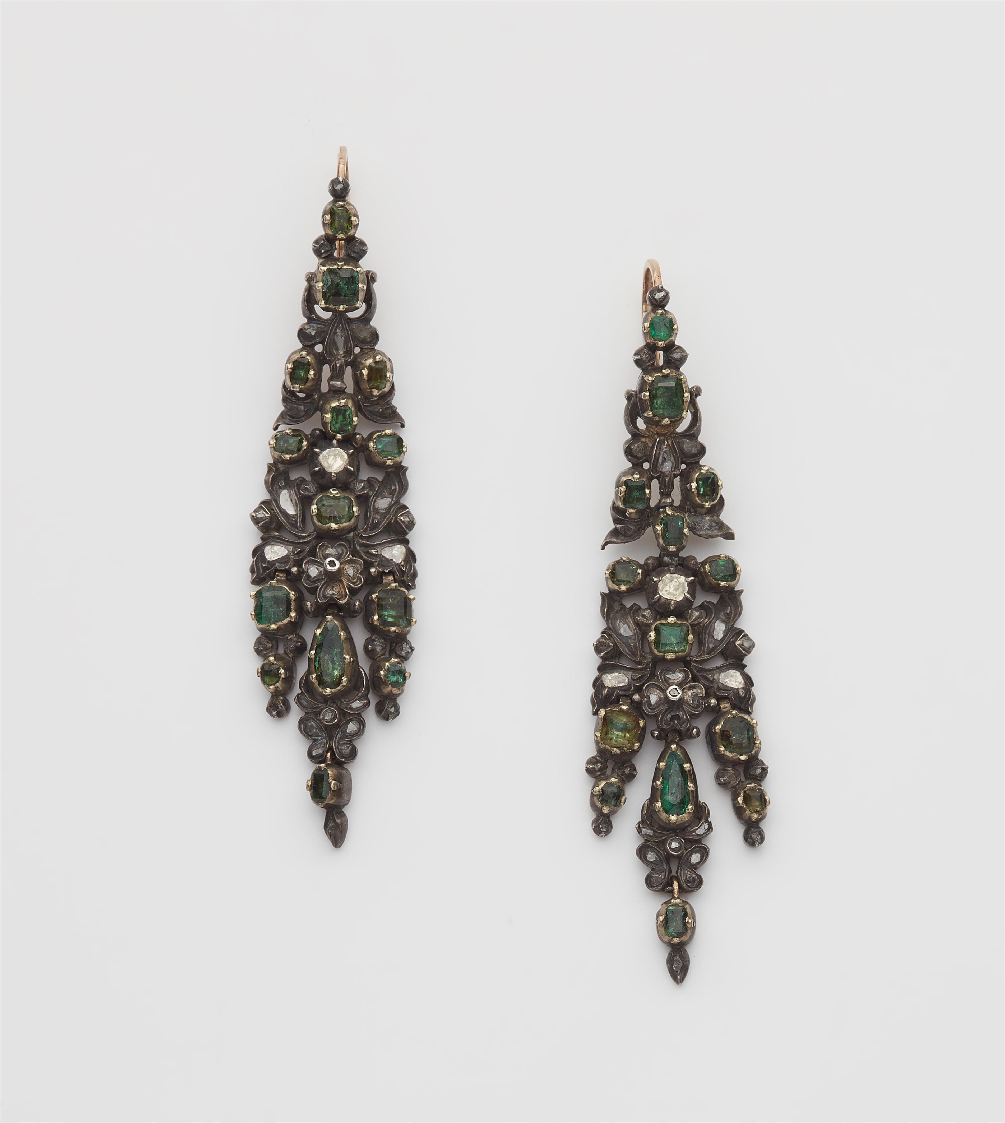 A pair of Iberian silver 18k gold emerald and diamond earrings. - image-1