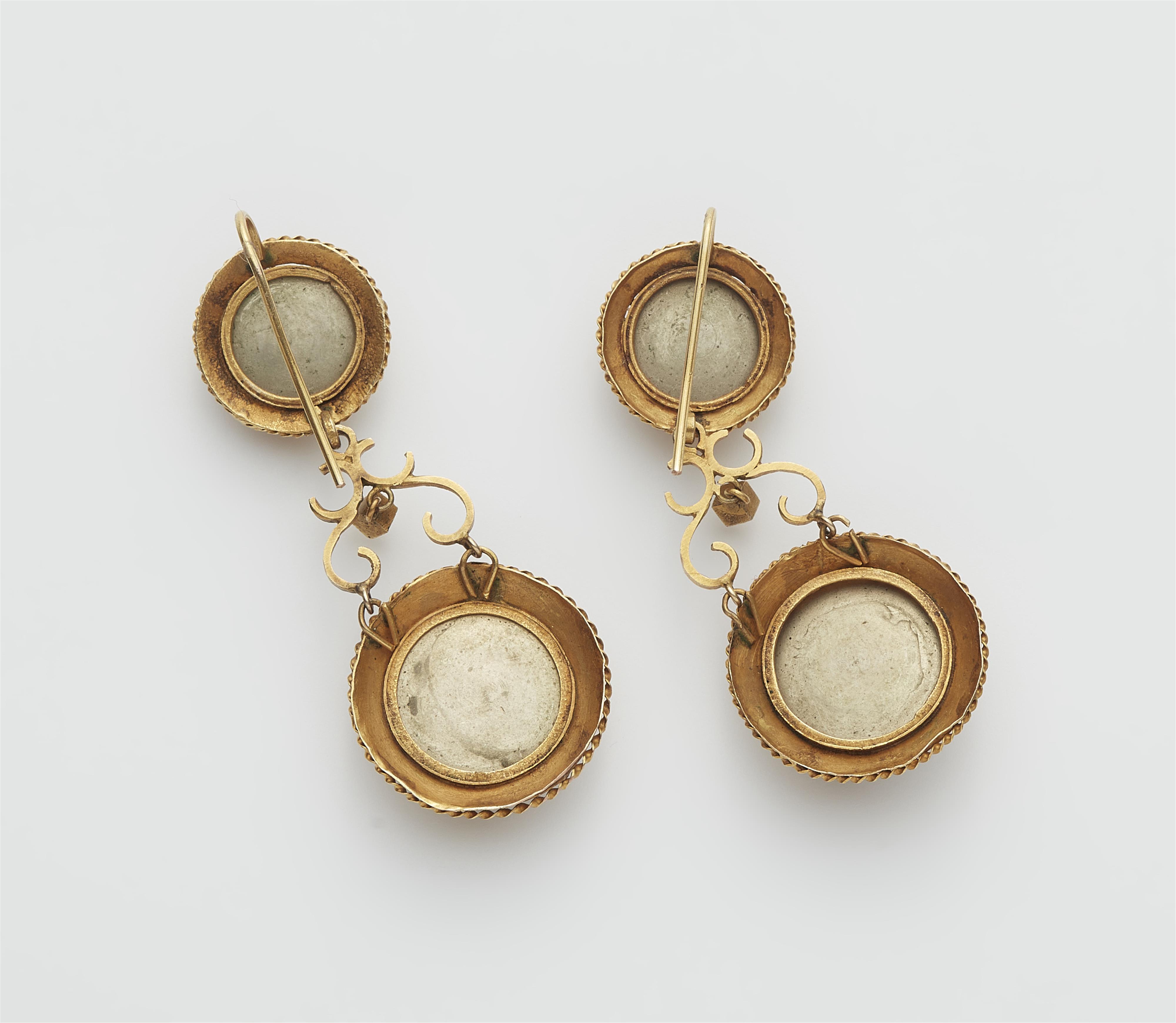 A pair of 8k gold filigree and Roman micromosaic earrings. - image-2