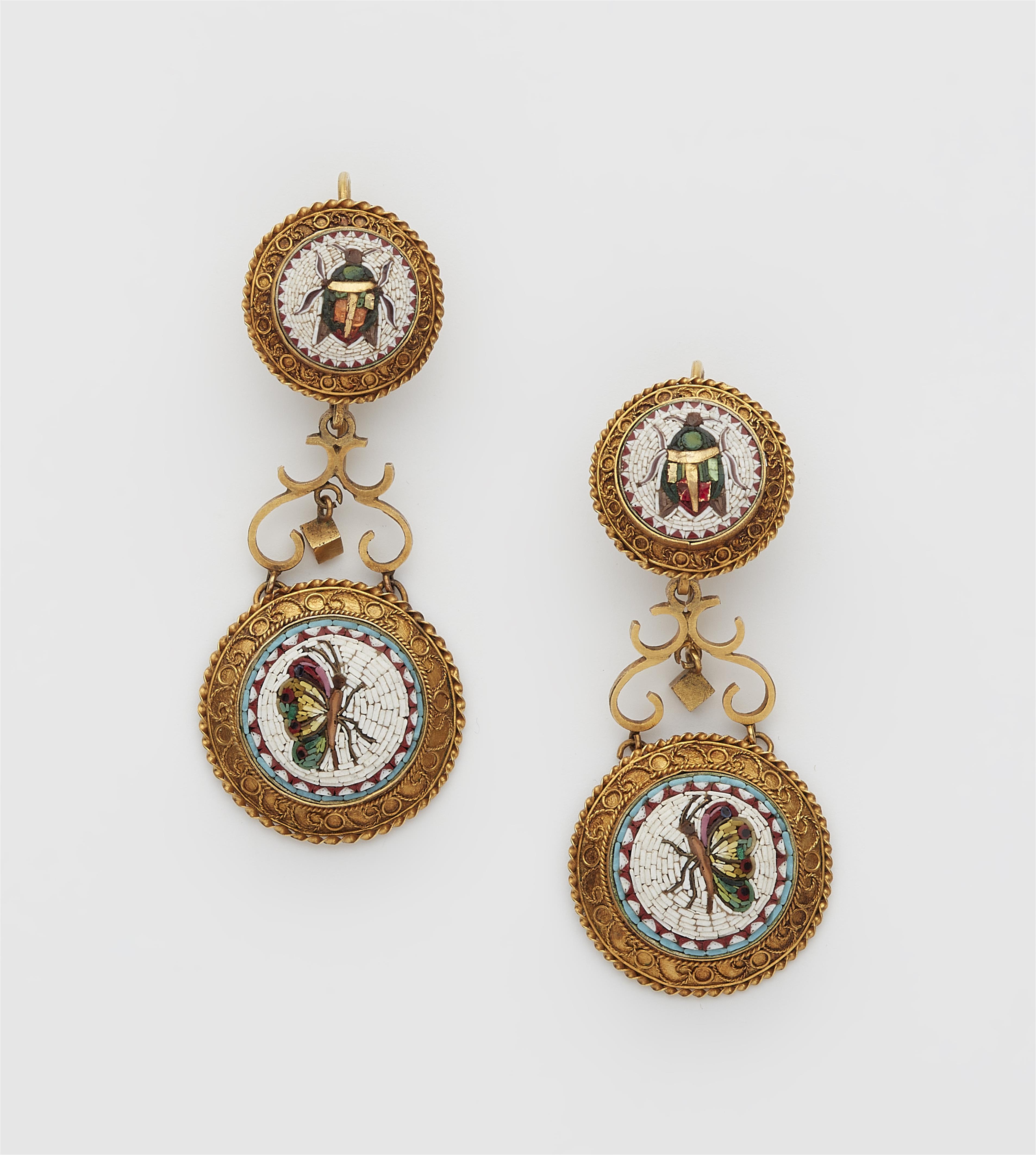 A pair of 8k gold filigree and Roman micromosaic earrings. - image-1