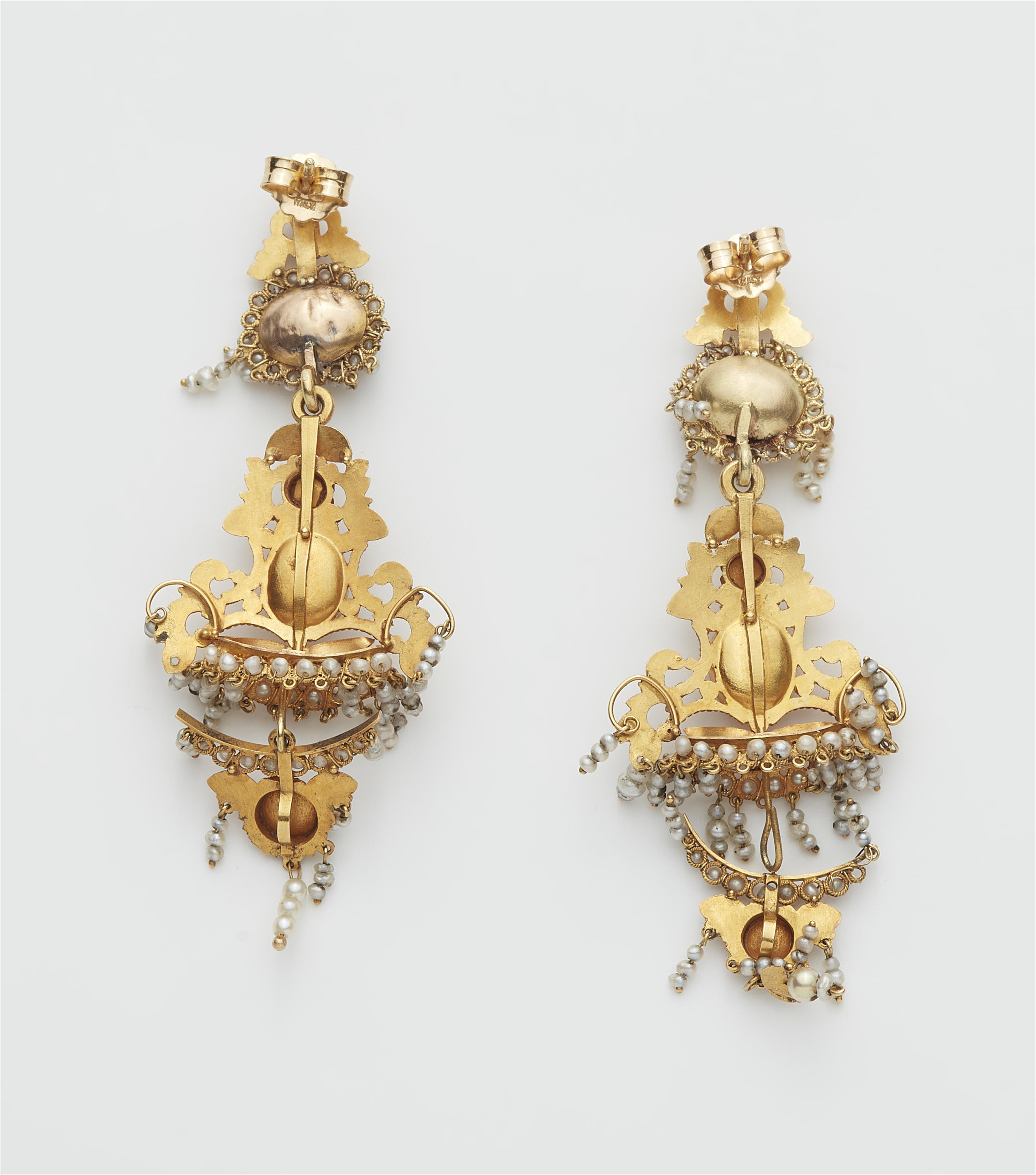 A pair of 18k gold filigree natural pearl and foiled paste dangling earrings. - image-2