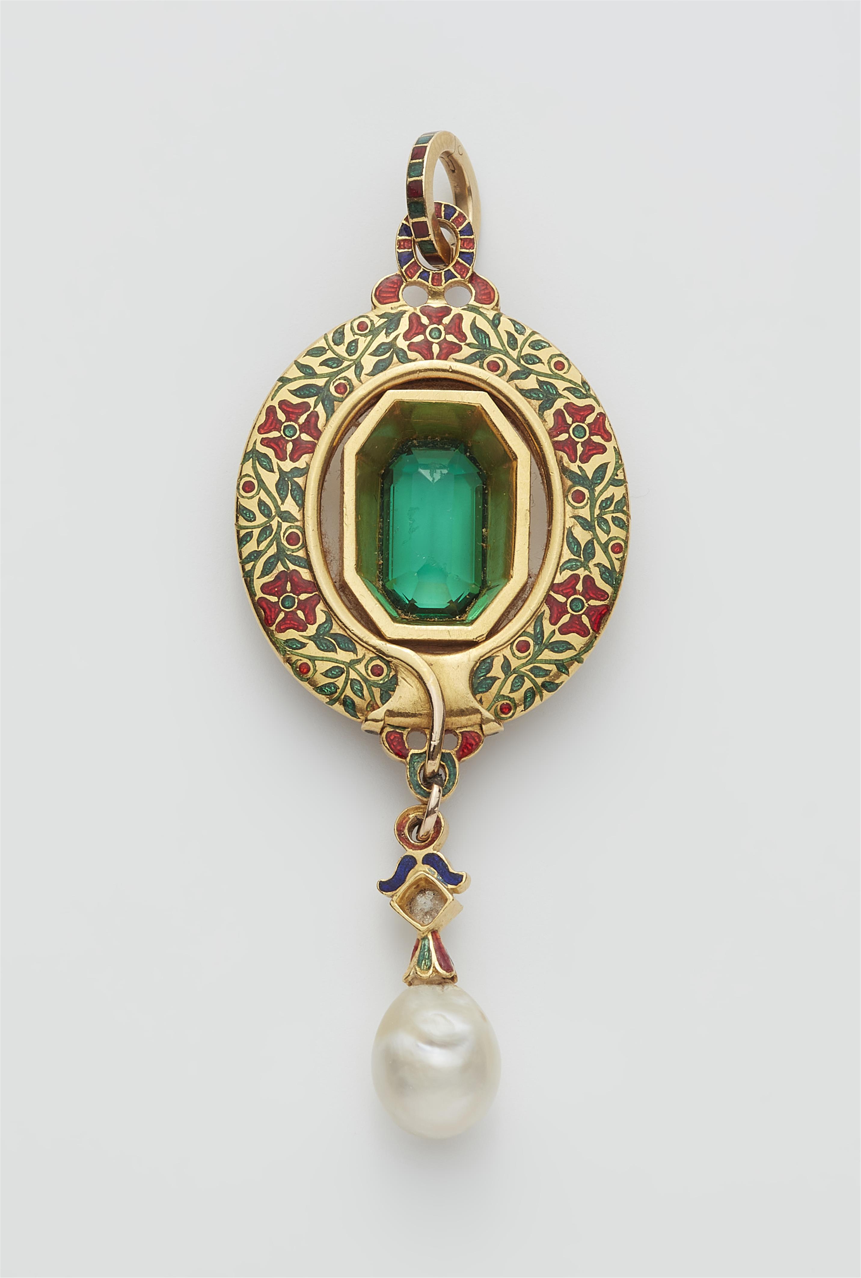 A Victorian 18k gold polychrome enamel, diamond and pearl Holbeinesque pendant with a replaced emerald green glass stone. - image-2