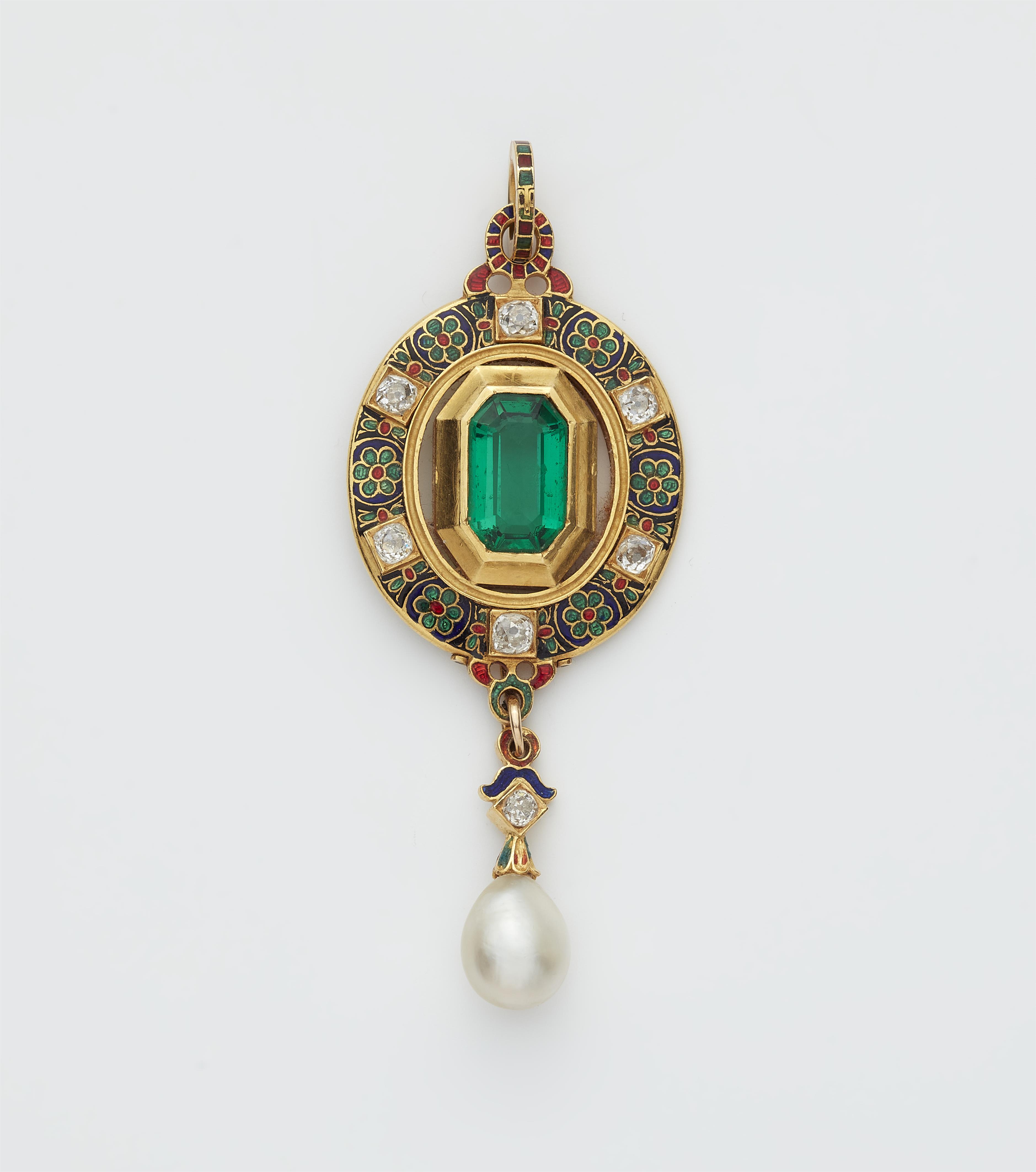 A Victorian 18k gold polychrome enamel, diamond and pearl Holbeinesque pendant with a replaced emerald green glass stone. - image-1