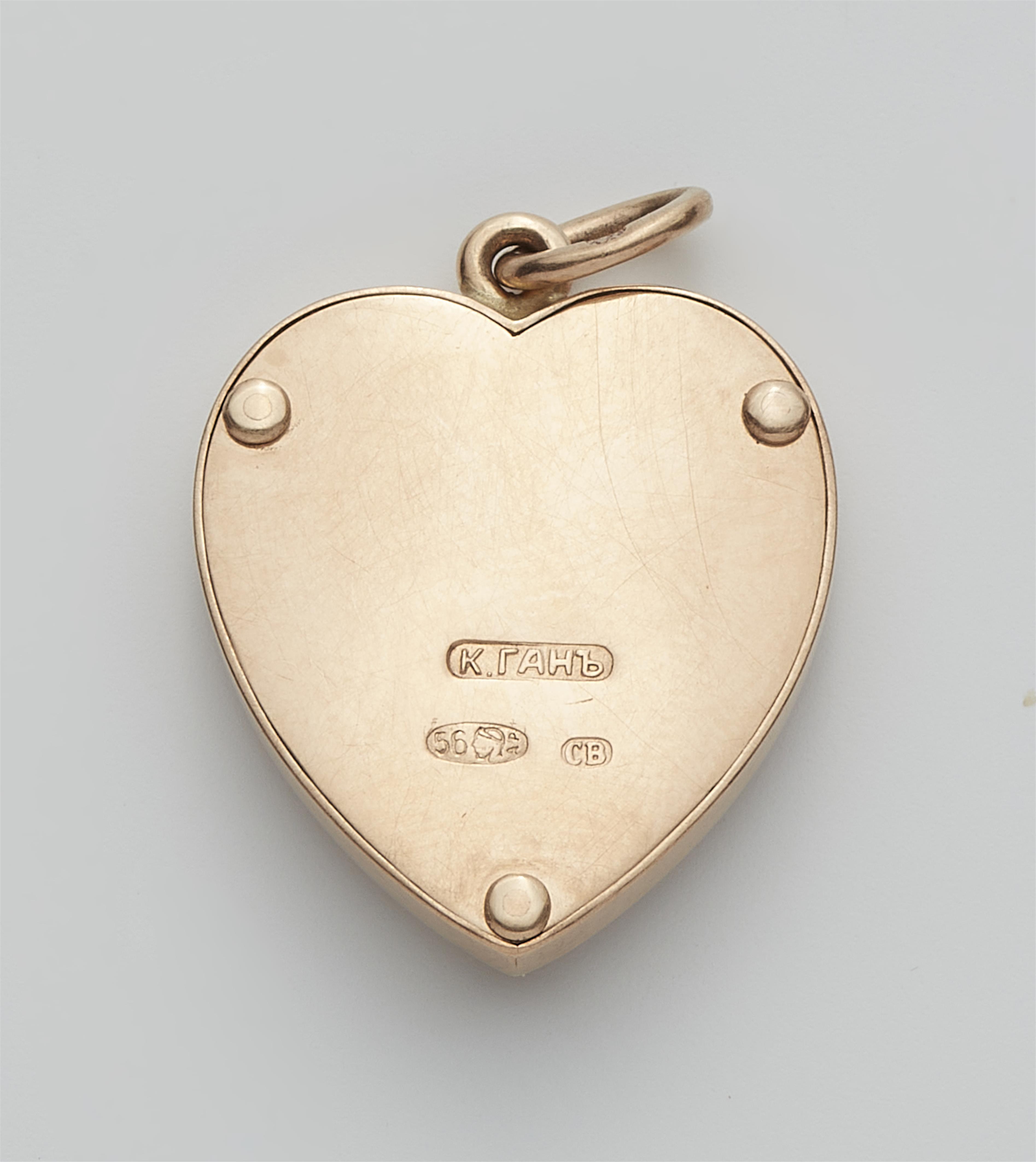 A Russian 14k gold, enamel and diamond heart pendant. - image-2