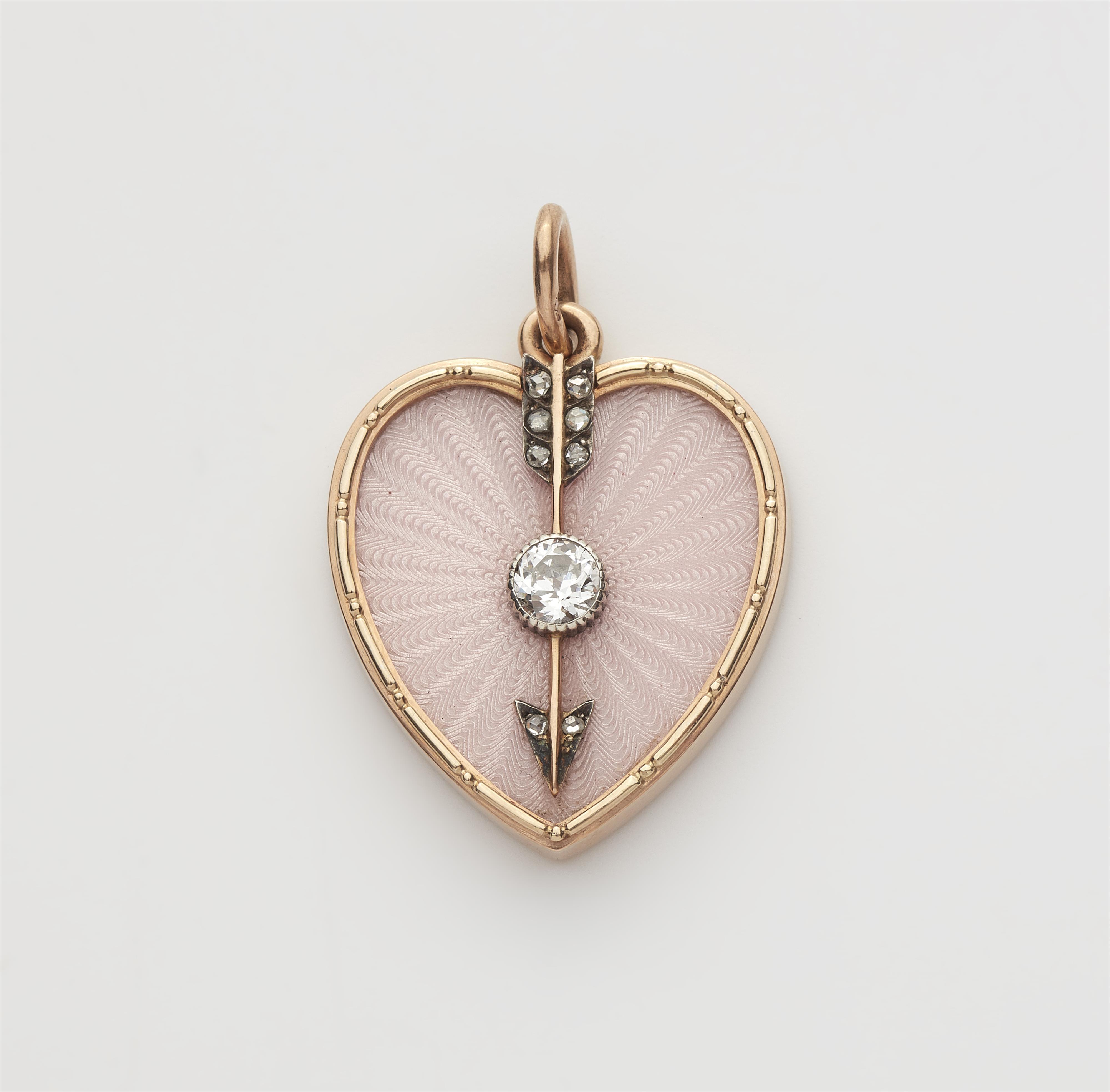 A Russian 14k gold, enamel and diamond heart pendant. - image-1