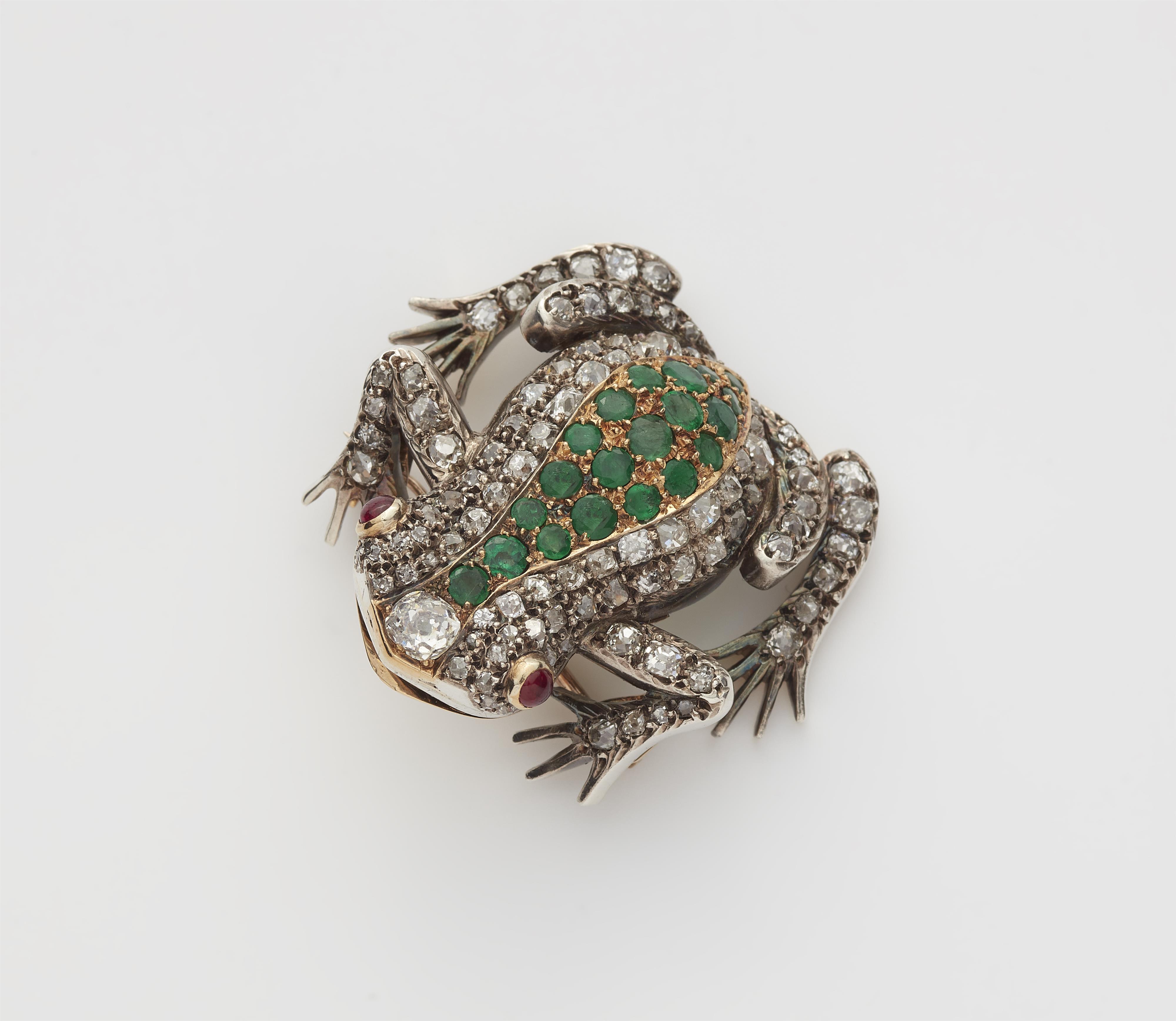 A silver 18k gold emerald and cushion cut diamond frog brooch. - image-1