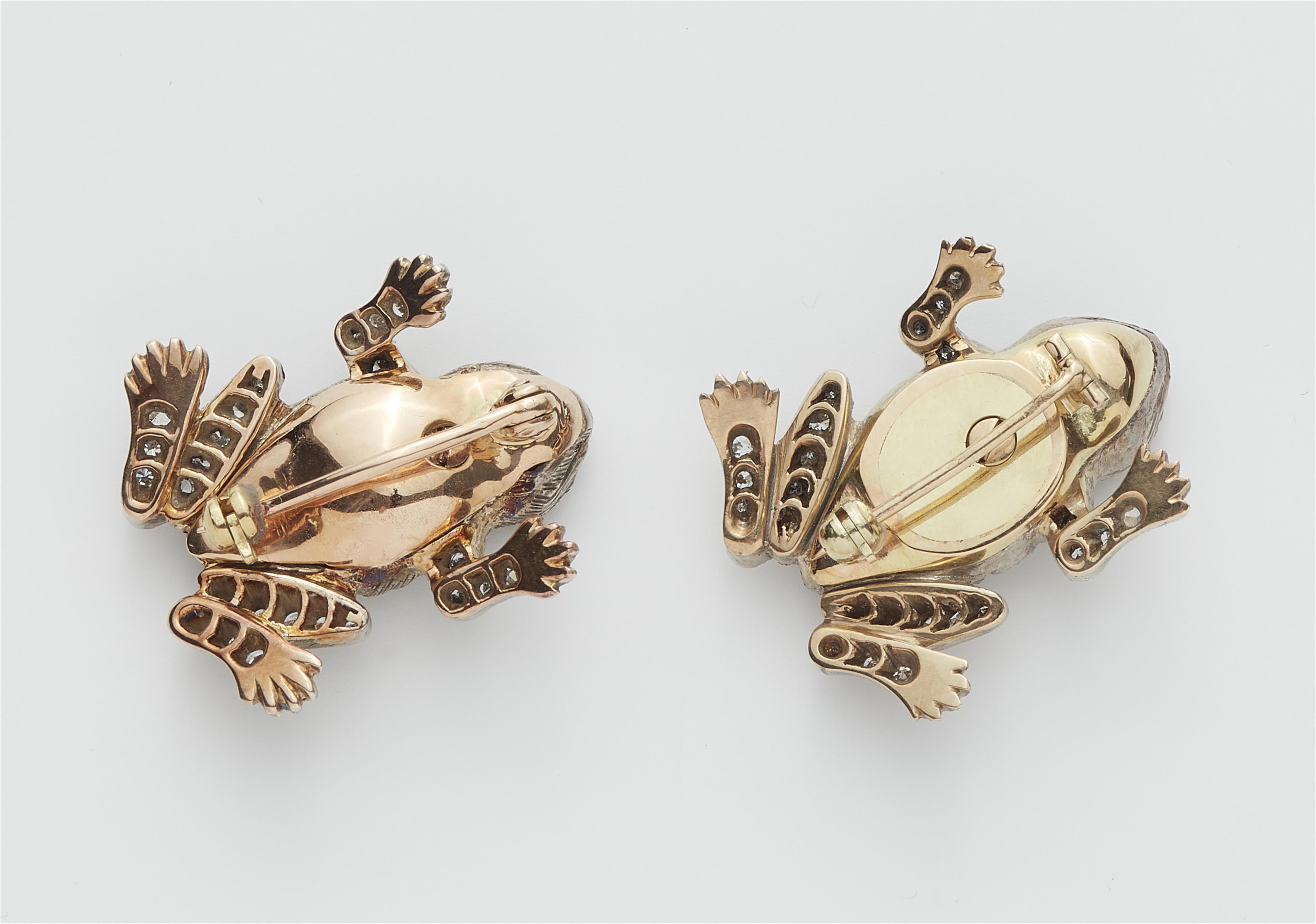 A pair of14k white gold, silver and diamond frog brooches. - image-2