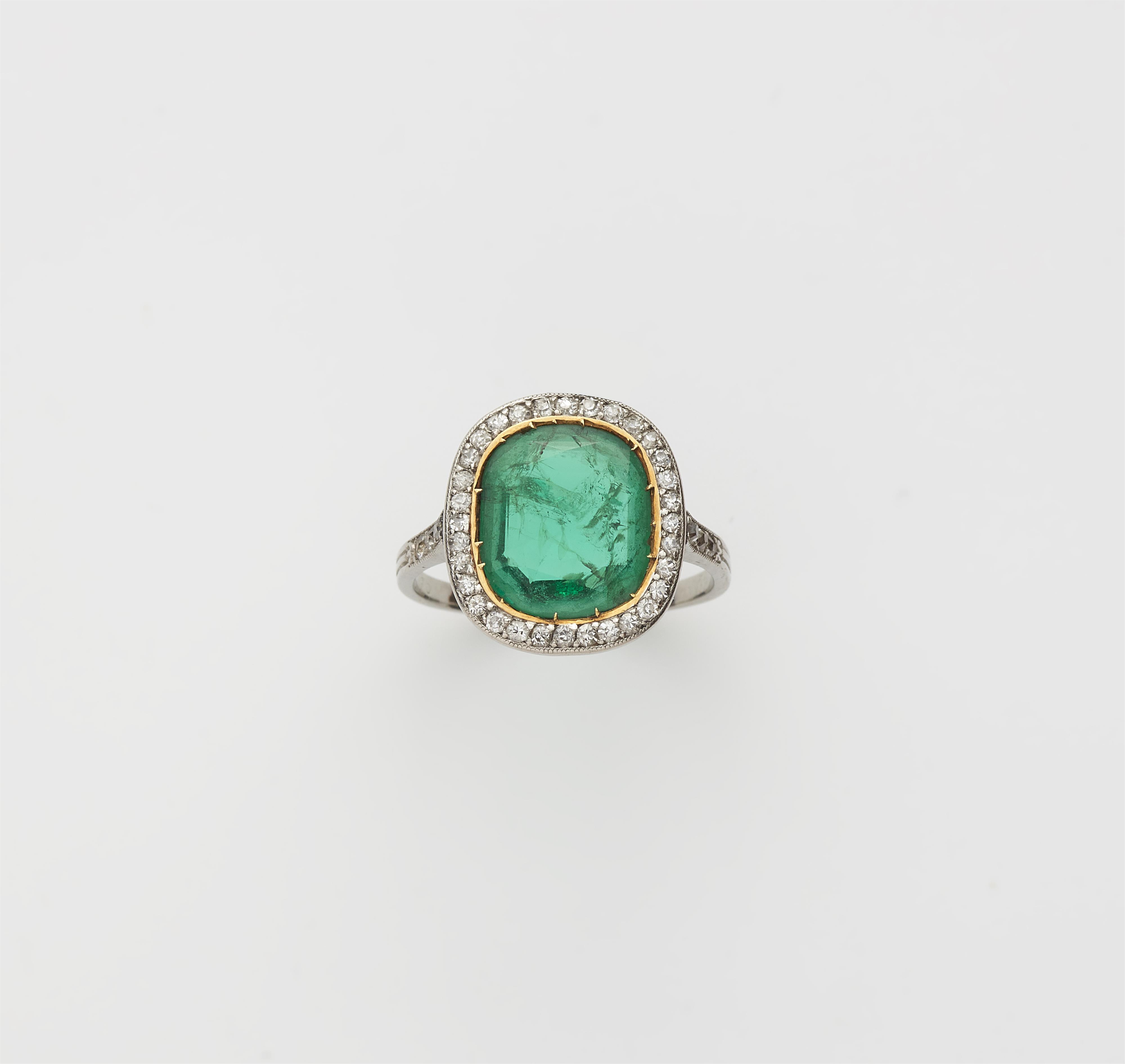 A French platinum, diamond and Colombian emerald Belle Epoque ring. - image-1