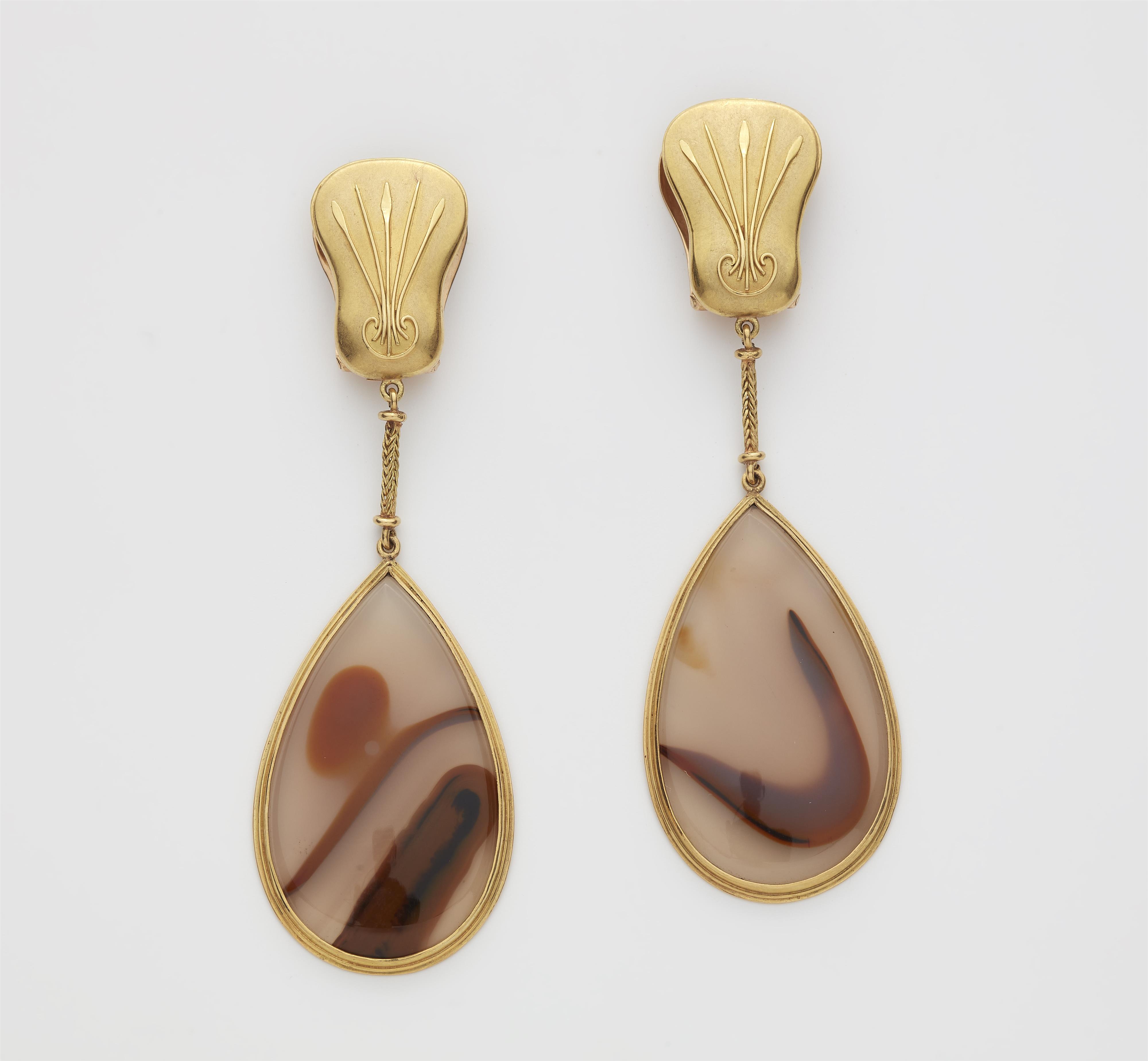 A pair of German 18k gold and banded Chalcedony clip earrings. - image-1