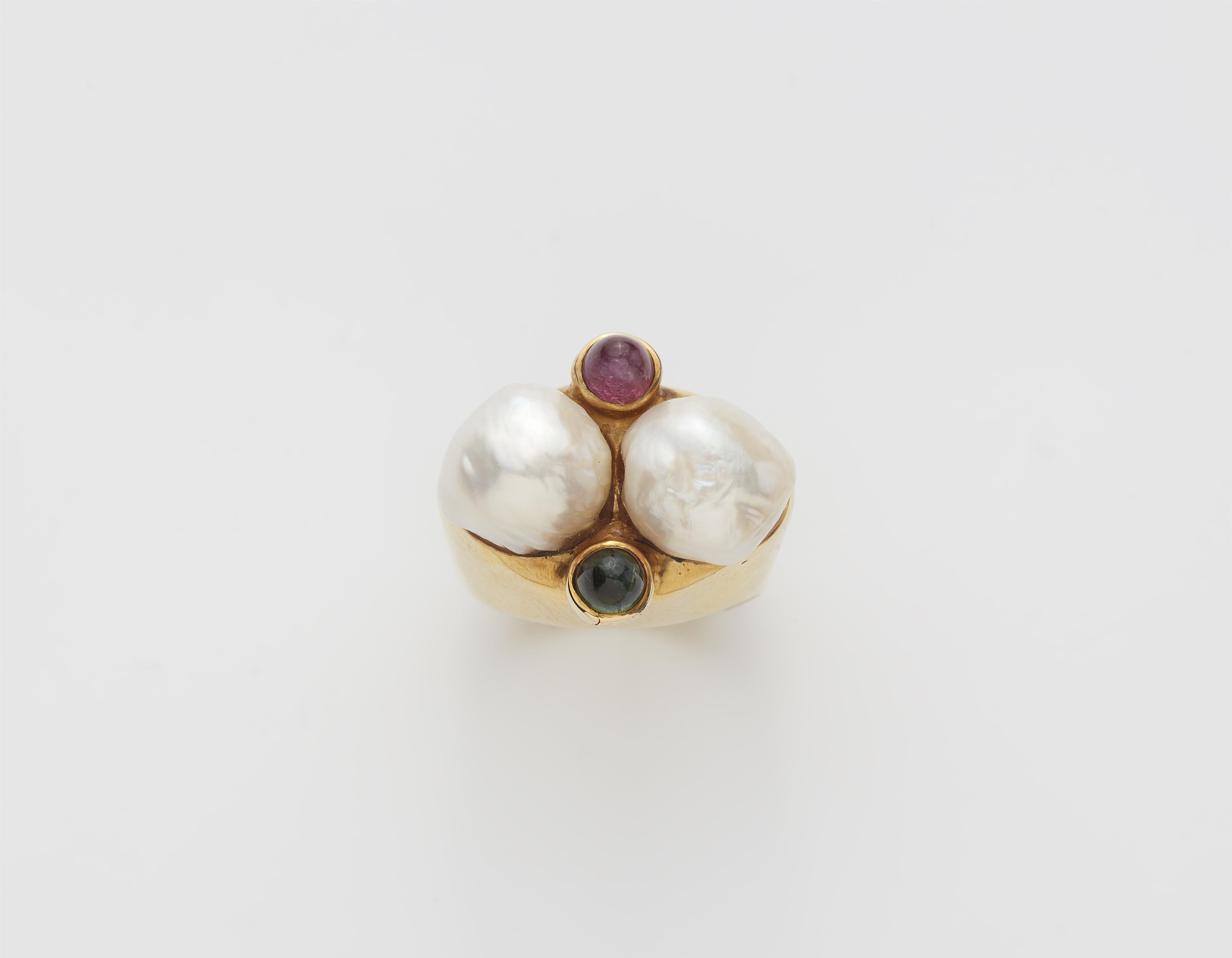A German 14k gold baroque pearl and tourmaline ring. - image-1