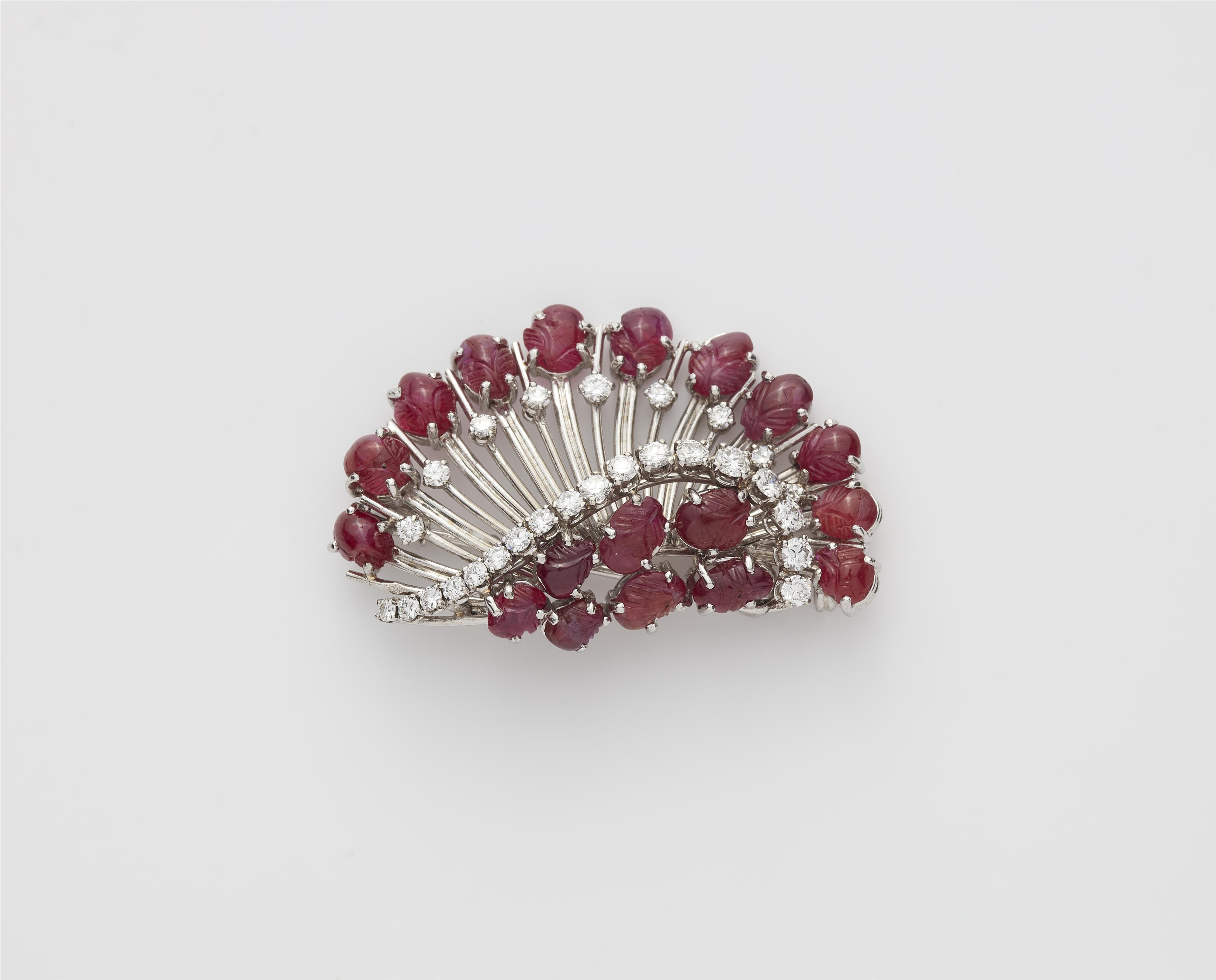 A French 18k white gold diamond and carved ruby Retro style brooch. - image-1