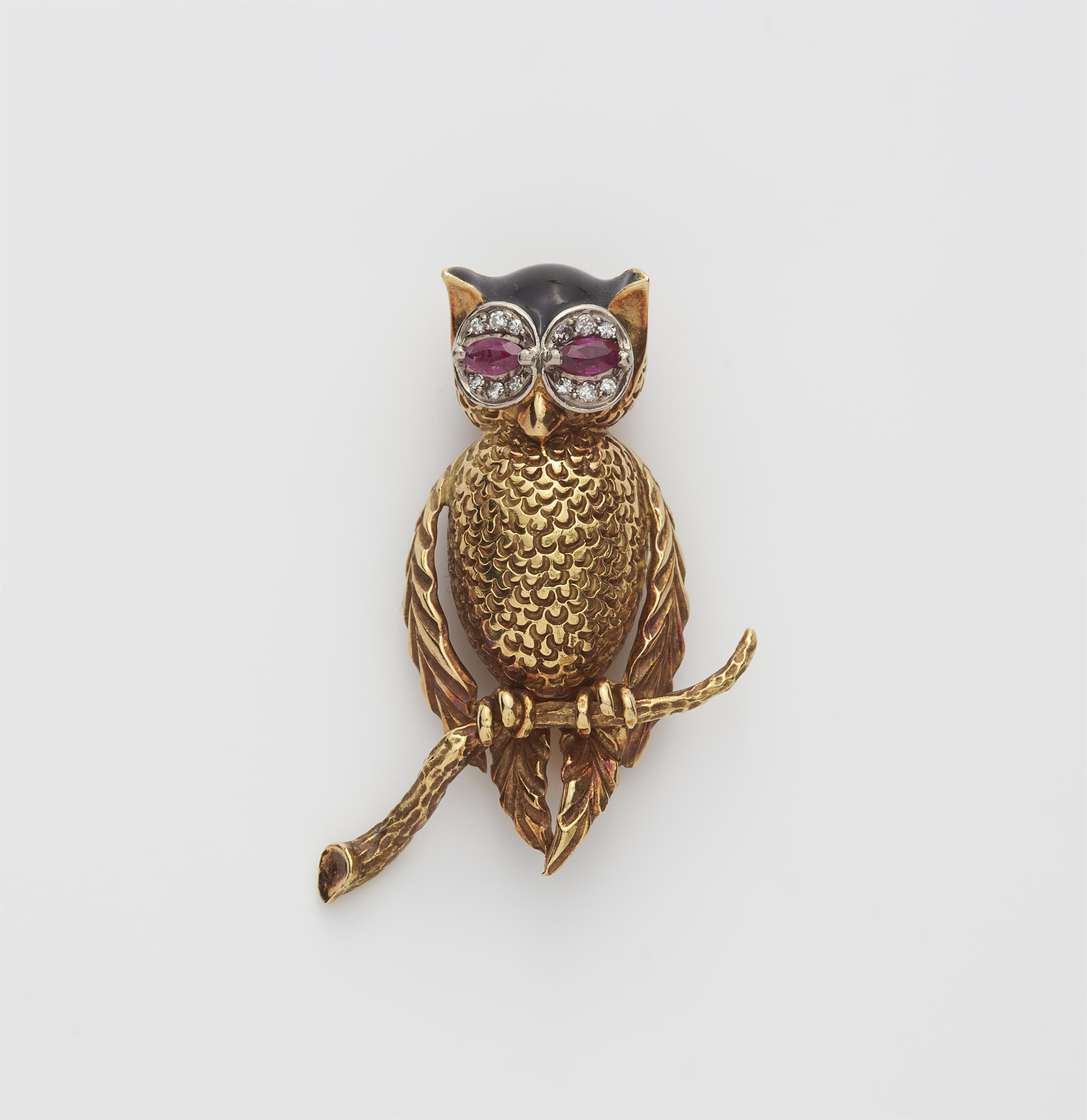 A German 18k gold, enamel and ruby owl clip brooch. - image-1