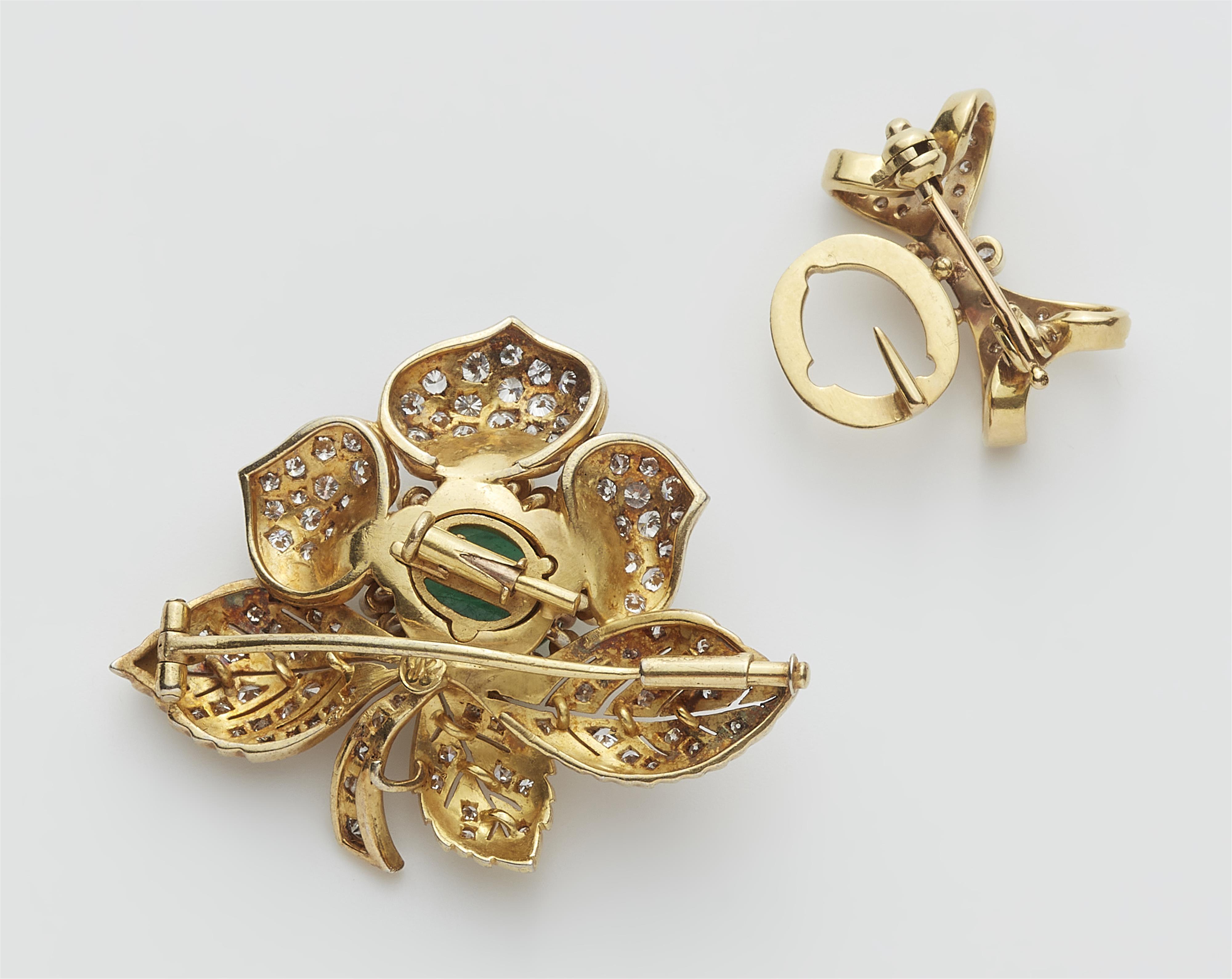 An 18k gold diamond and emerald cabochon dog rose brooch. Detacheable center piece can also be worn with a later bow brooch. - image-2