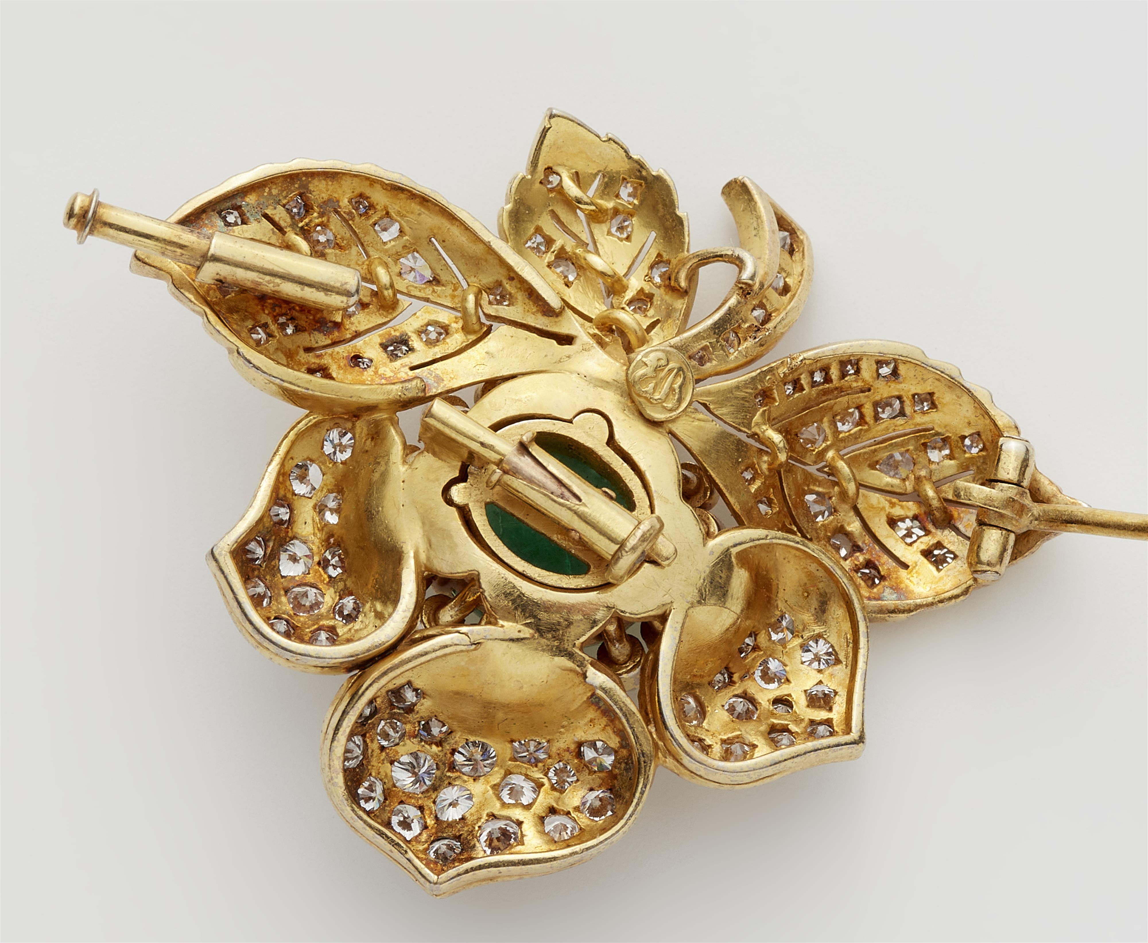 An 18k gold diamond and emerald cabochon dog rose brooch. Detacheable center piece can also be worn with a later bow brooch. - image-3