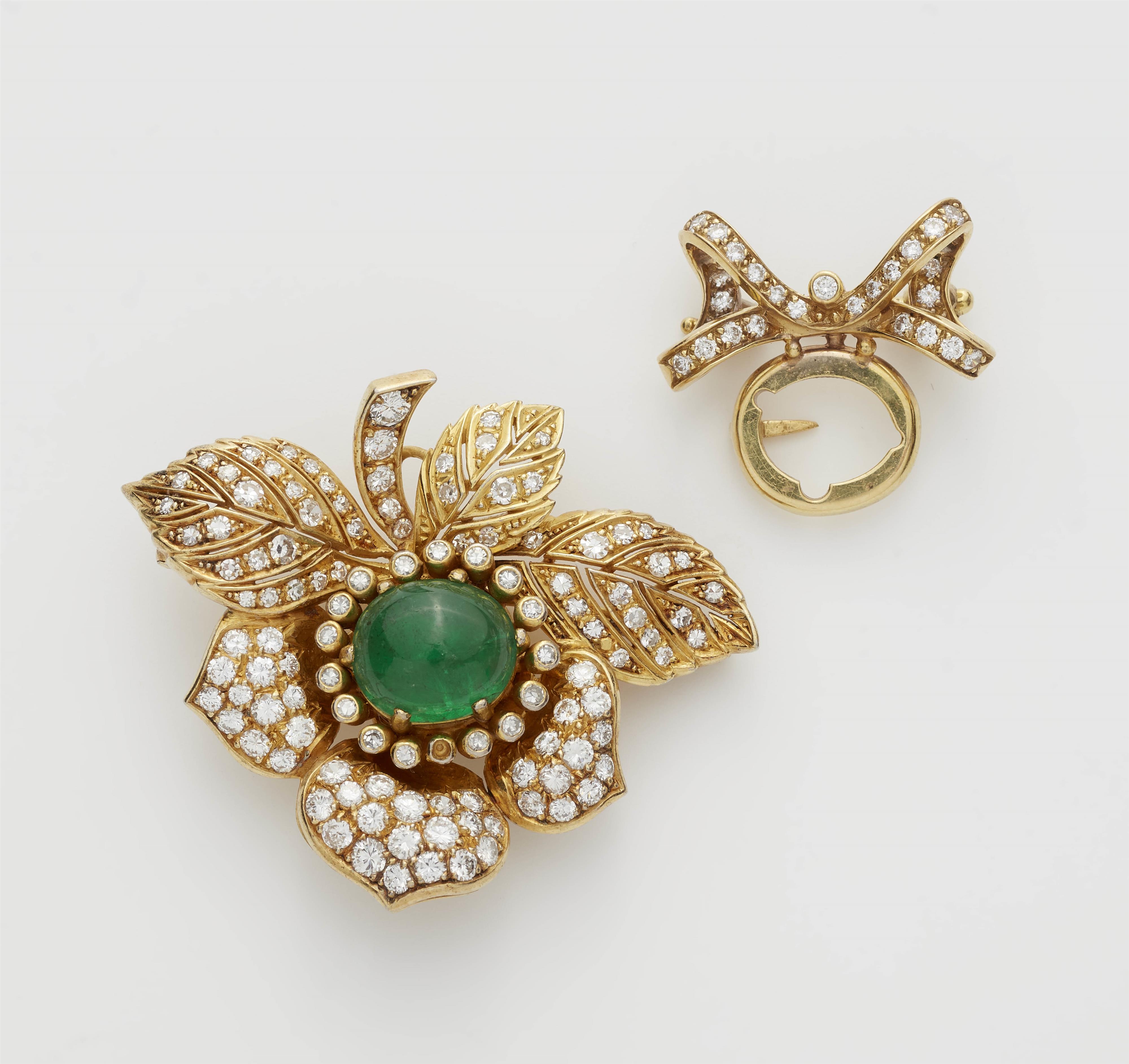 An 18k gold diamond and emerald cabochon dog rose brooch. Detacheable center piece can also be worn with a later bow brooch. - image-1