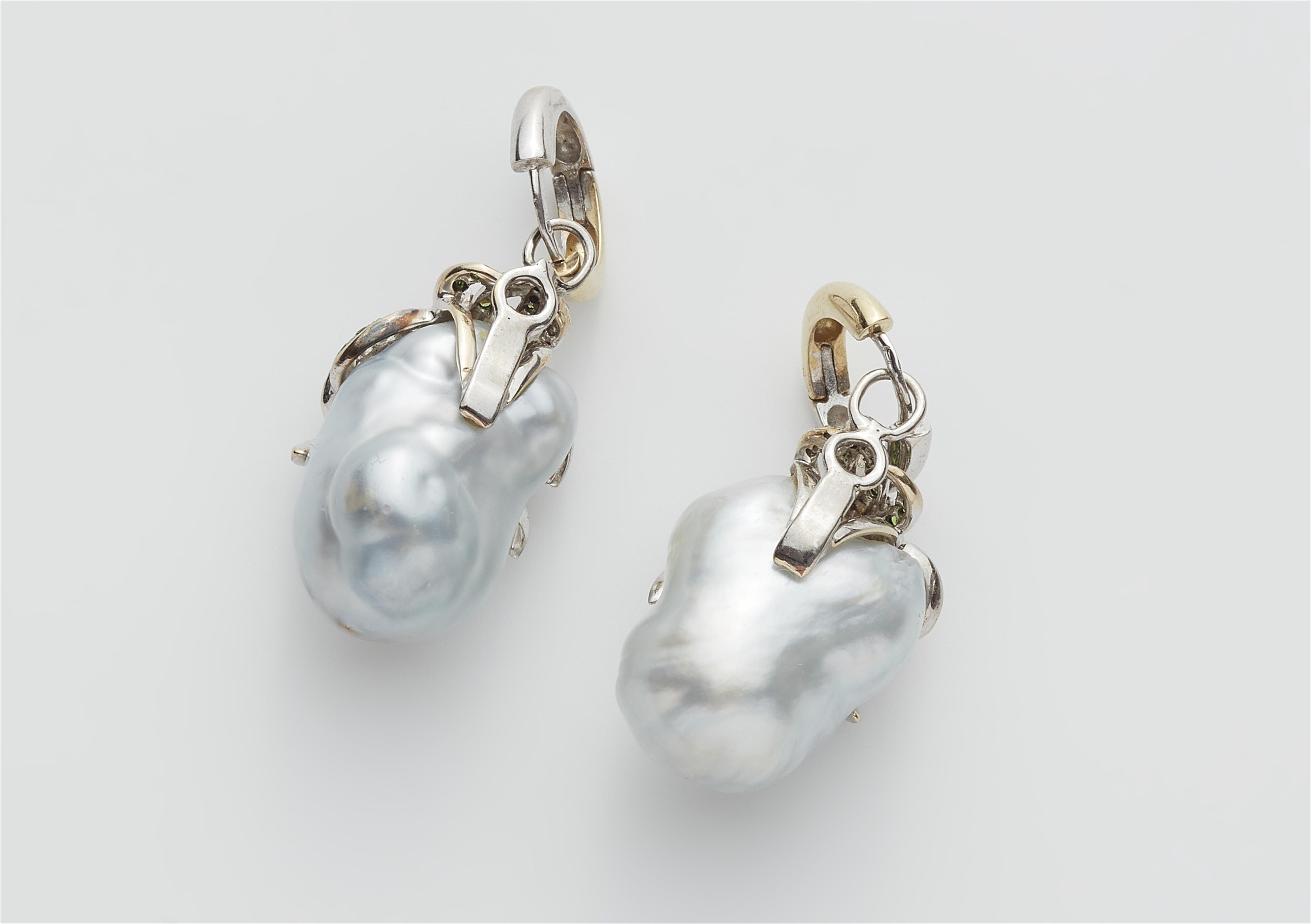 A pair of bizarre baroque light grey South Sea cultured pearl diamond citrine and tsavorite earrings with detachable bicolour creoles. - image-2