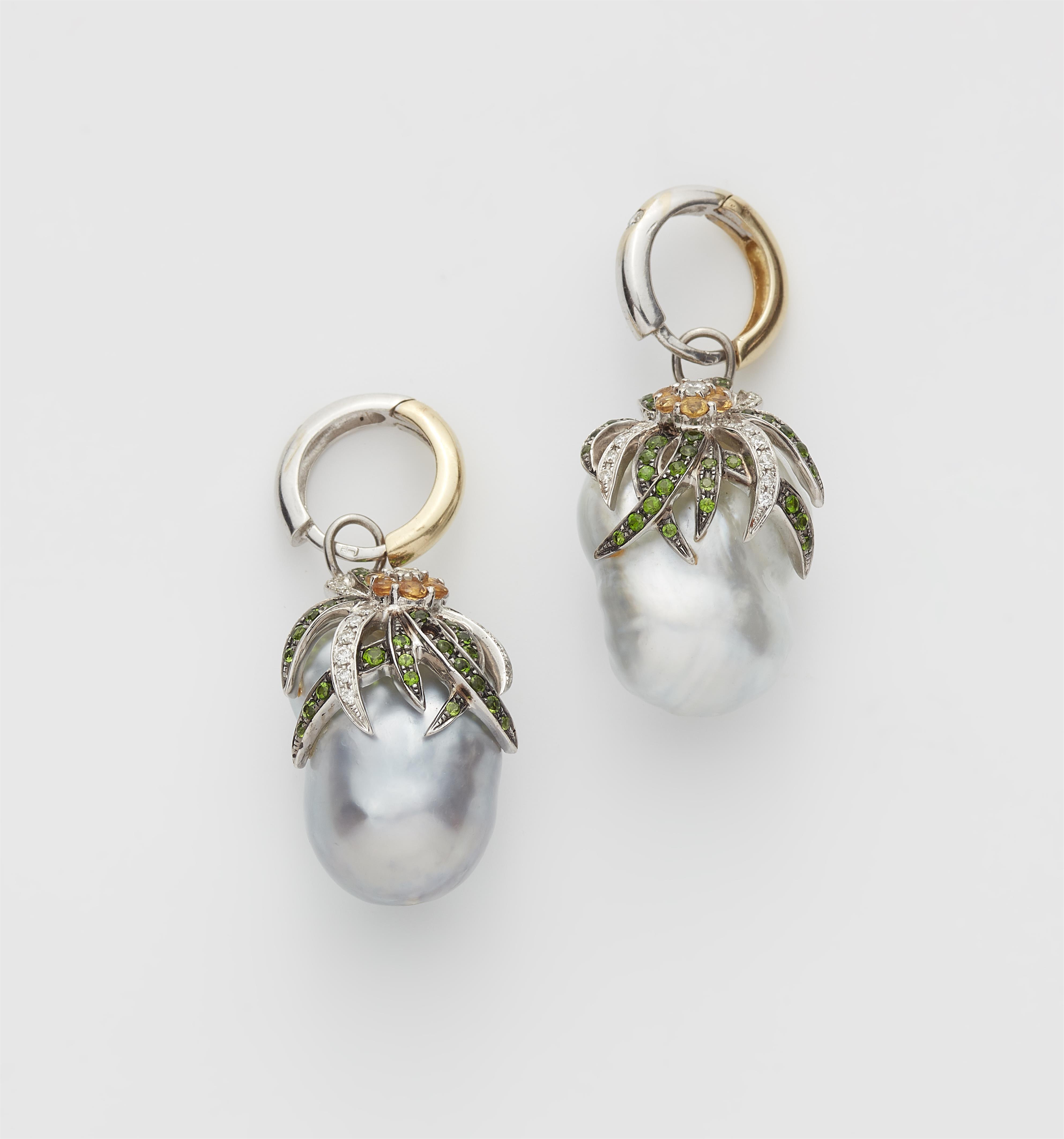 A pair of bizarre baroque light grey South Sea cultured pearl diamond citrine and tsavorite earrings with detachable bicolour creoles. - image-1