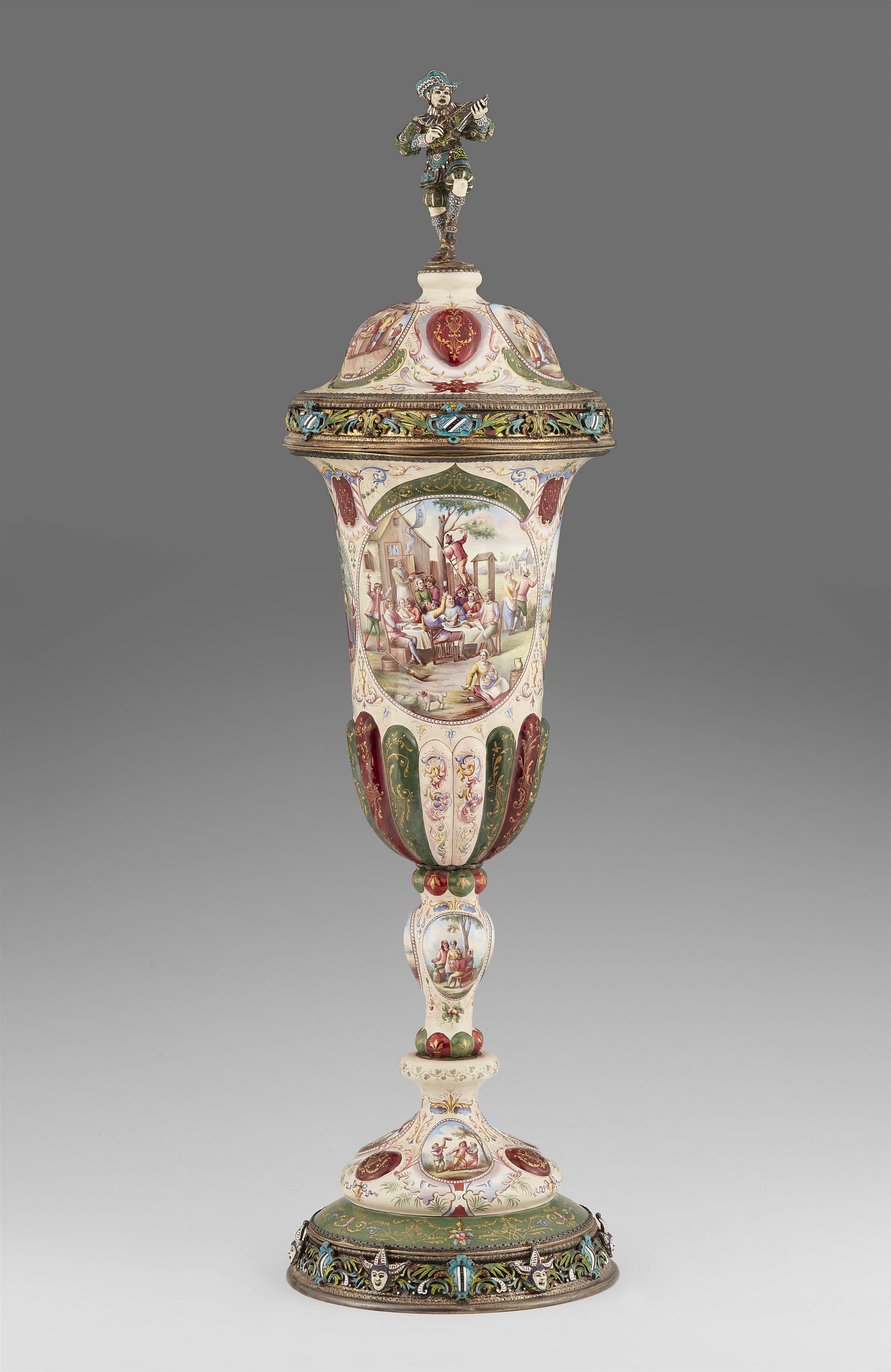 A large enamelled Vienna silver cup and cover - image-1