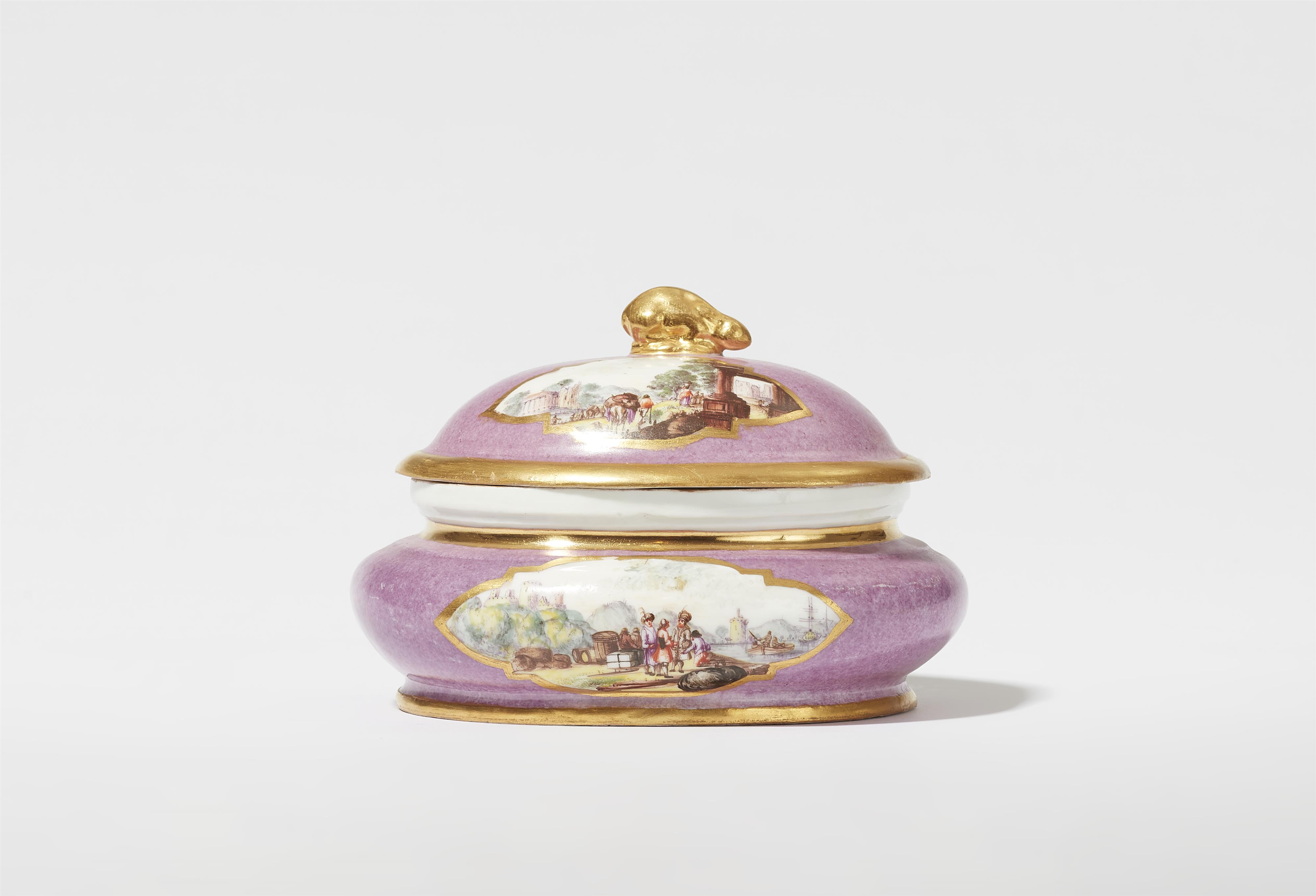 A Meissen porcelain sugar box with purple ground and landscape motifs - image-2