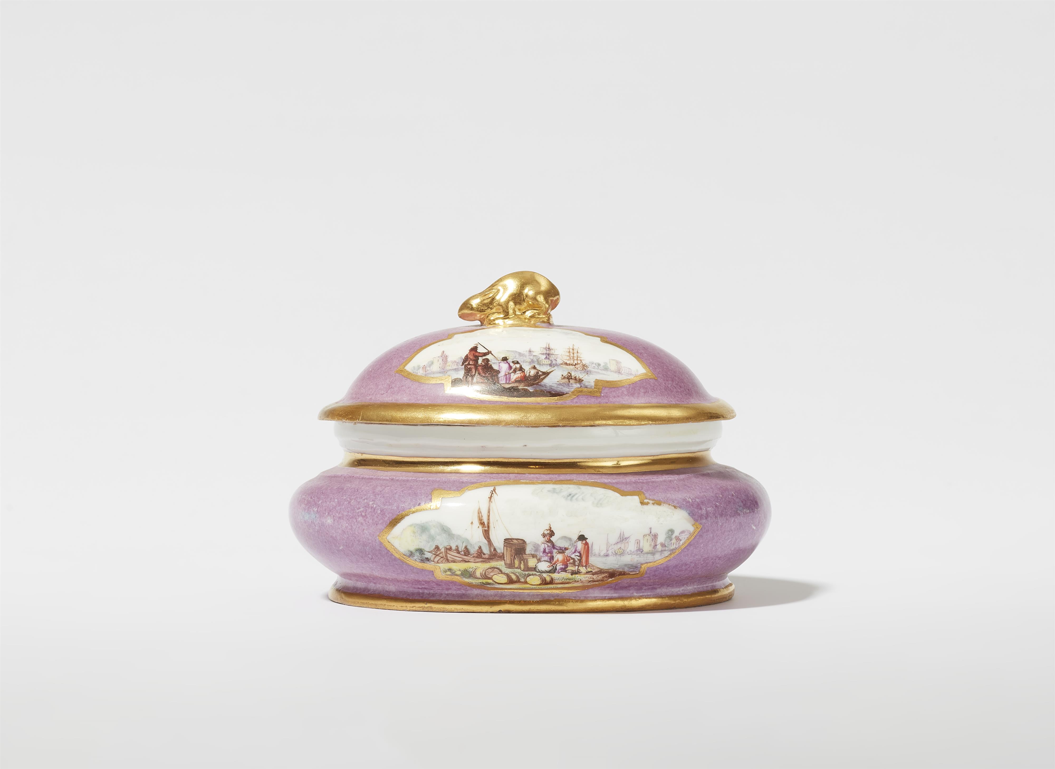 A Meissen porcelain sugar box with purple ground and landscape motifs - image-1
