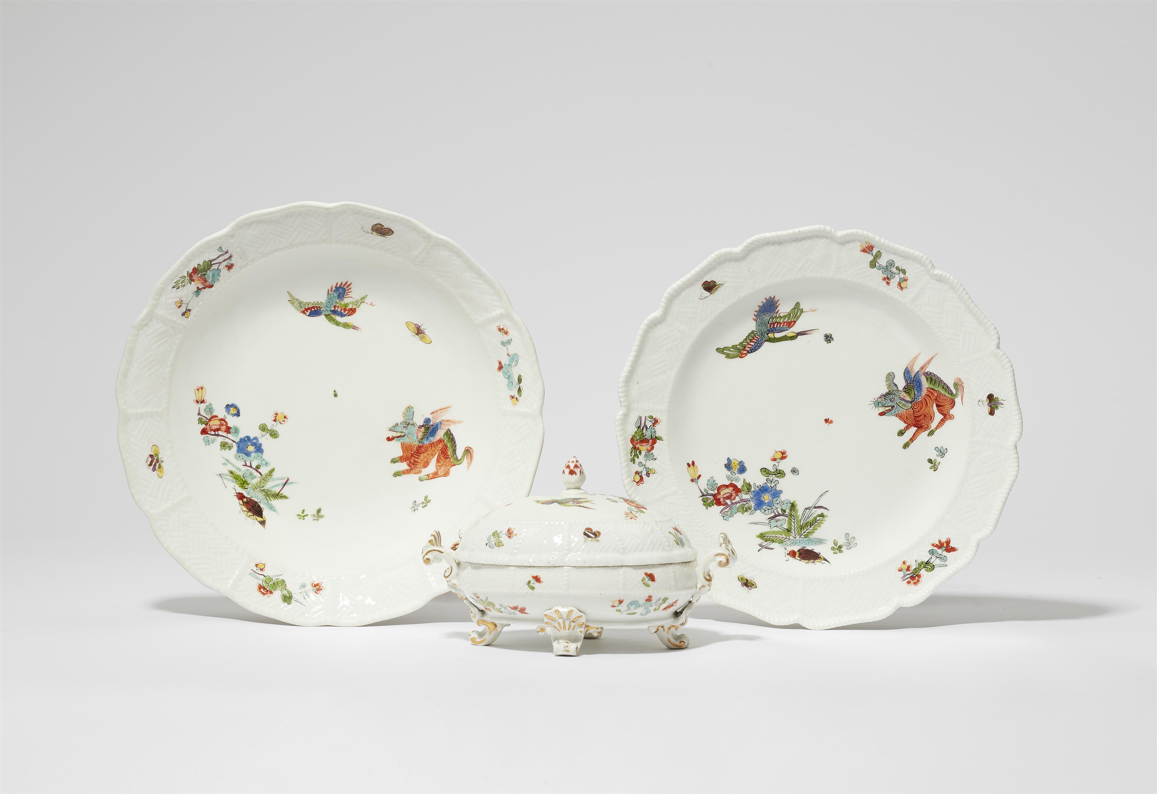 A Meissen porcelain bowl, oval tureen and plate from a dinner service with quilin motifs - image-2