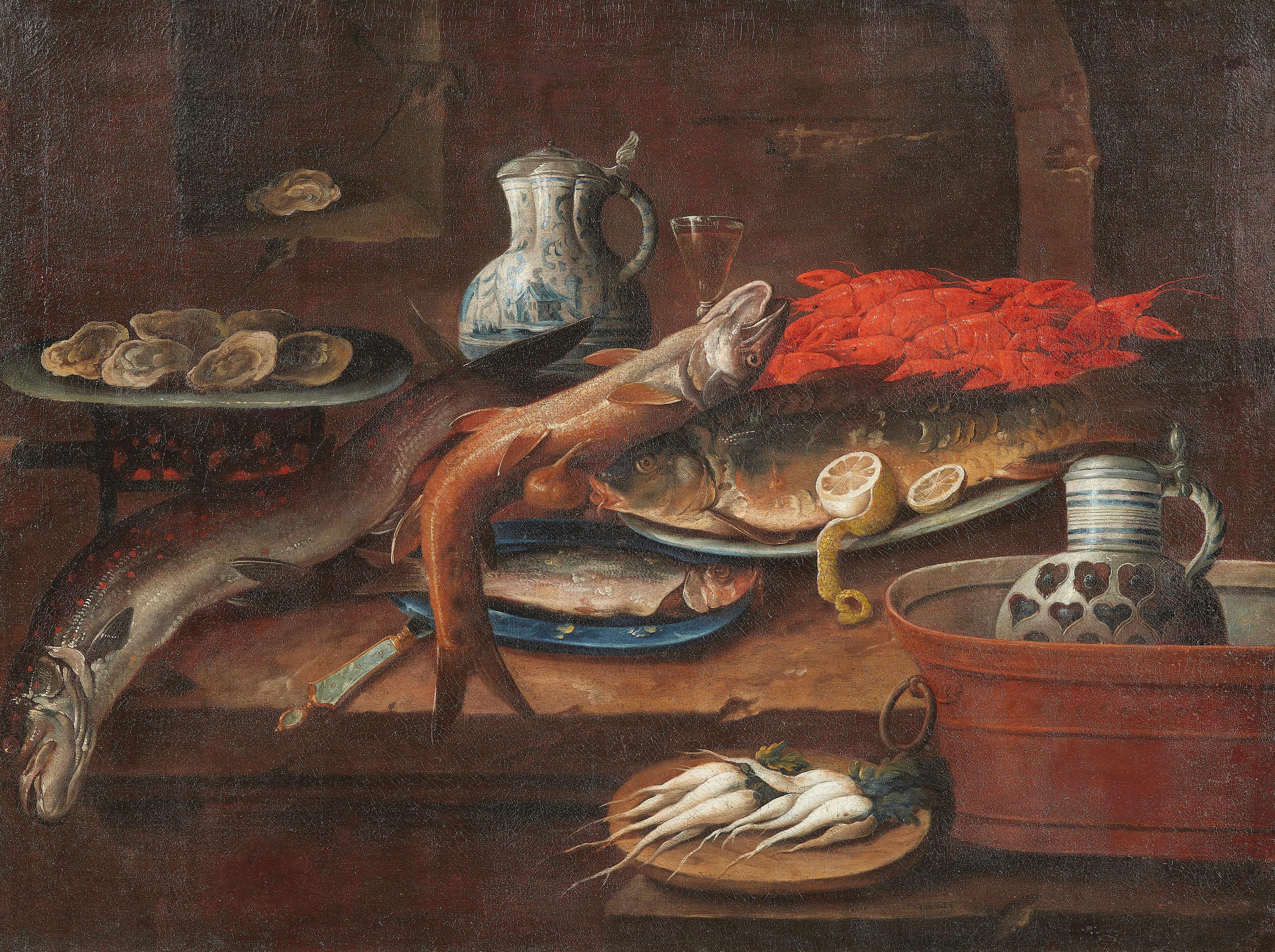 Hendrick Andriessen, zugeschrieben - Stillleben mit Fischen, Meeresfrüchten, Tonkrügen und einer Schale mit weißen Rüben - image-2