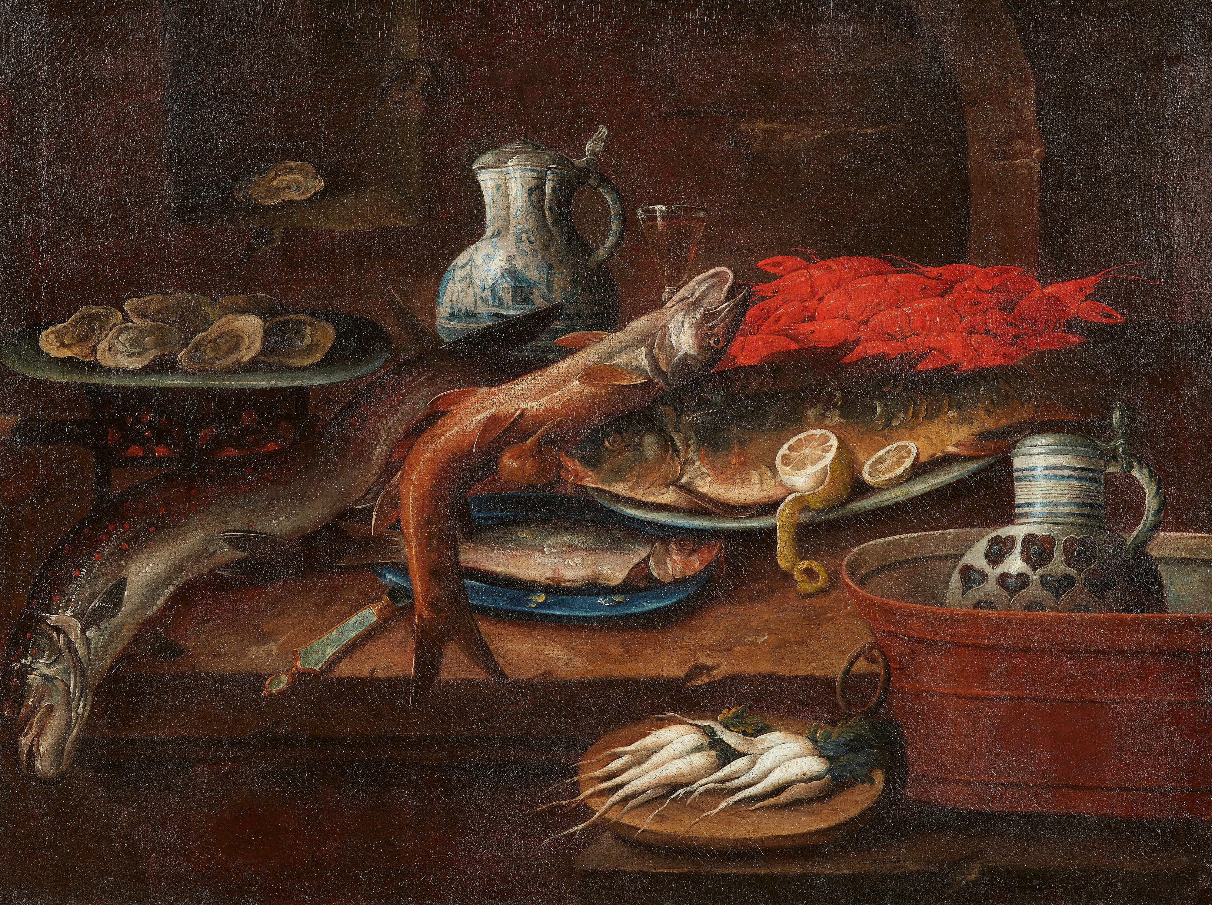 Hendrick Andriessen, zugeschrieben - Stillleben mit Fischen, Meeresfrüchten, Tonkrügen und einer Schale mit weißen Rüben - image-1