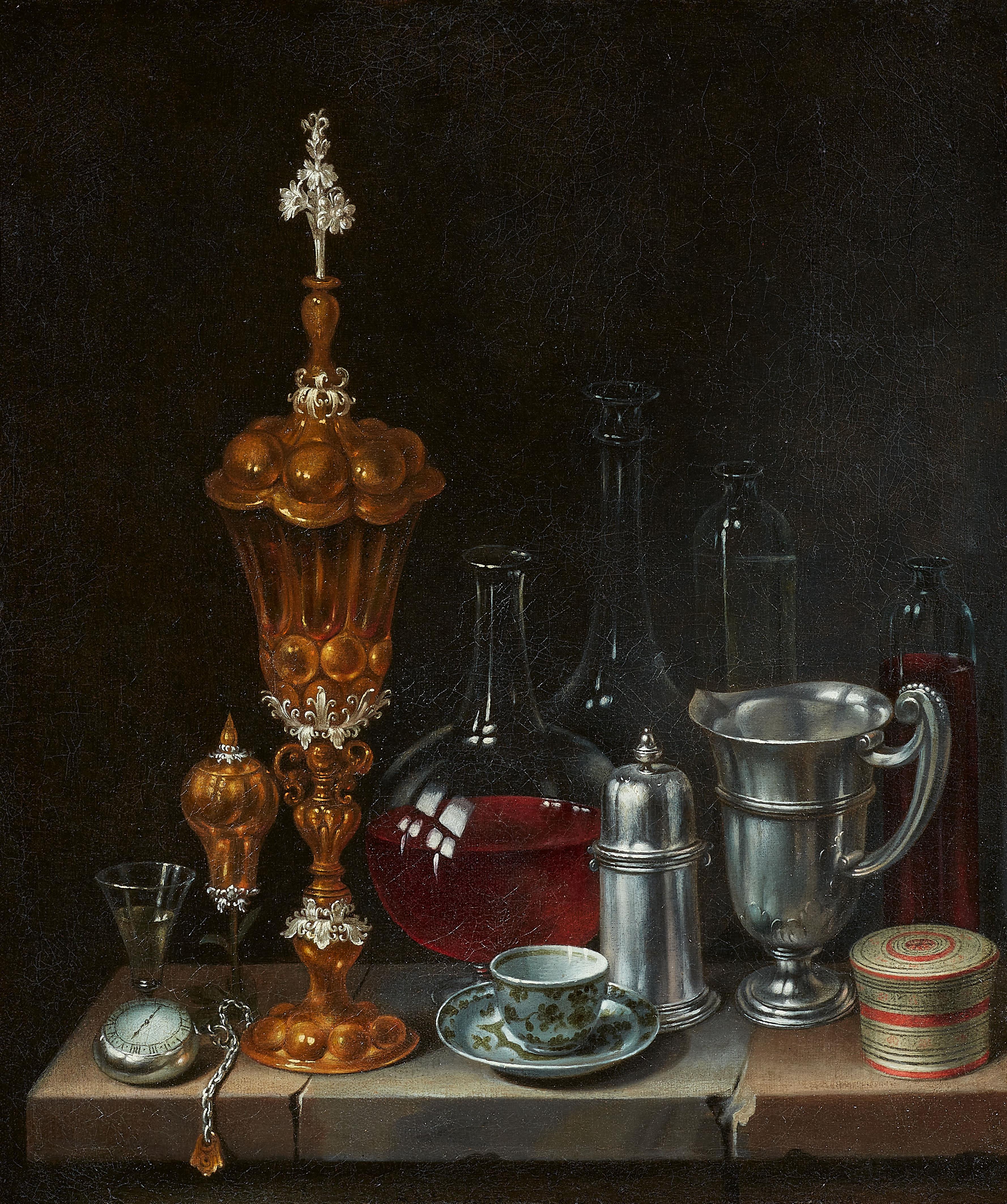 André Bouys, attributed to - Still Life with Glass Bottles, Goblets, Silver Vessels, a Pocket Watch, a Porcelain Cup and Other Objects on a Table - image-1