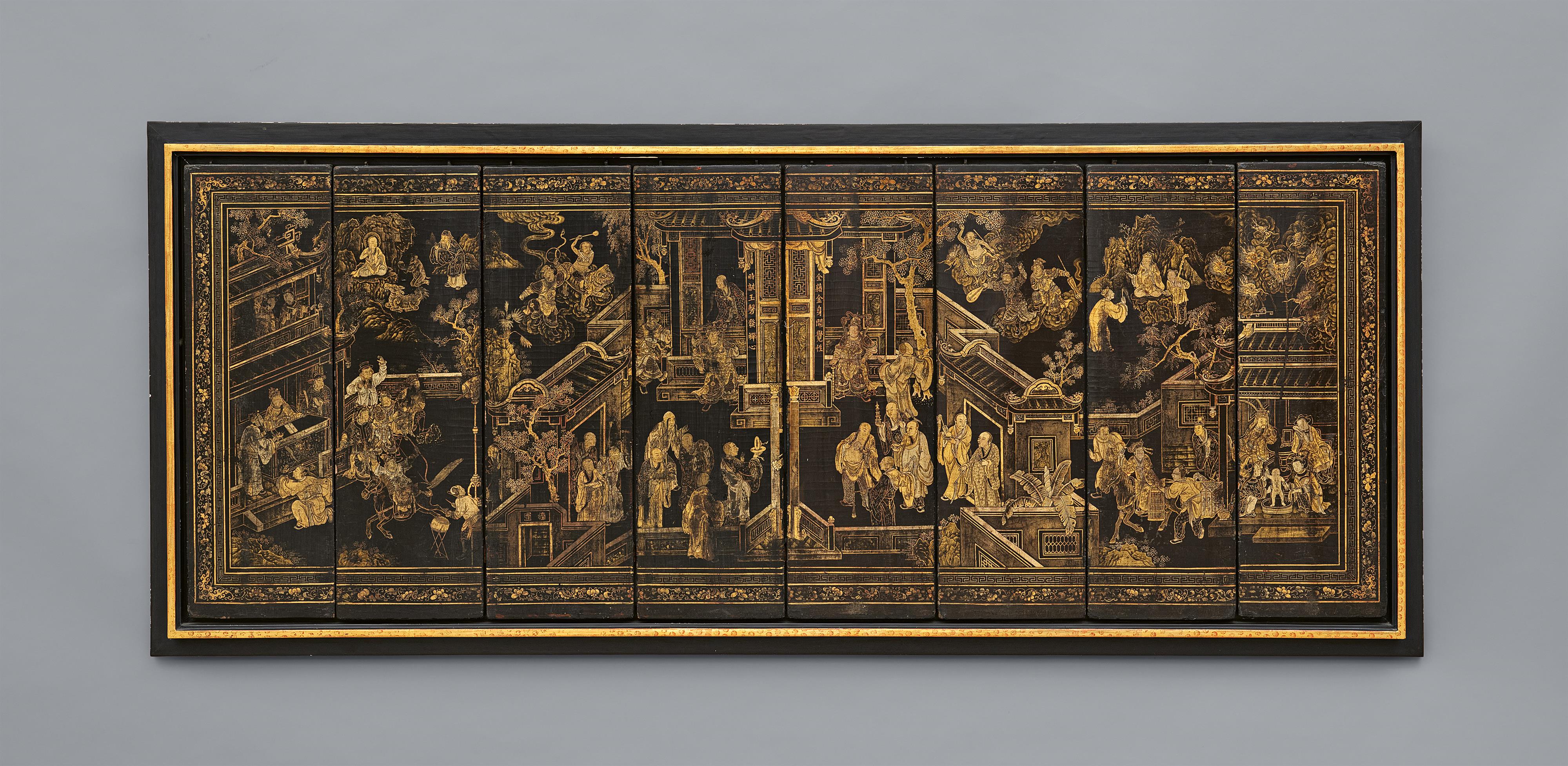 Eight gold-painted black lacquer panels of a screen, mounted. 19th century - image-1