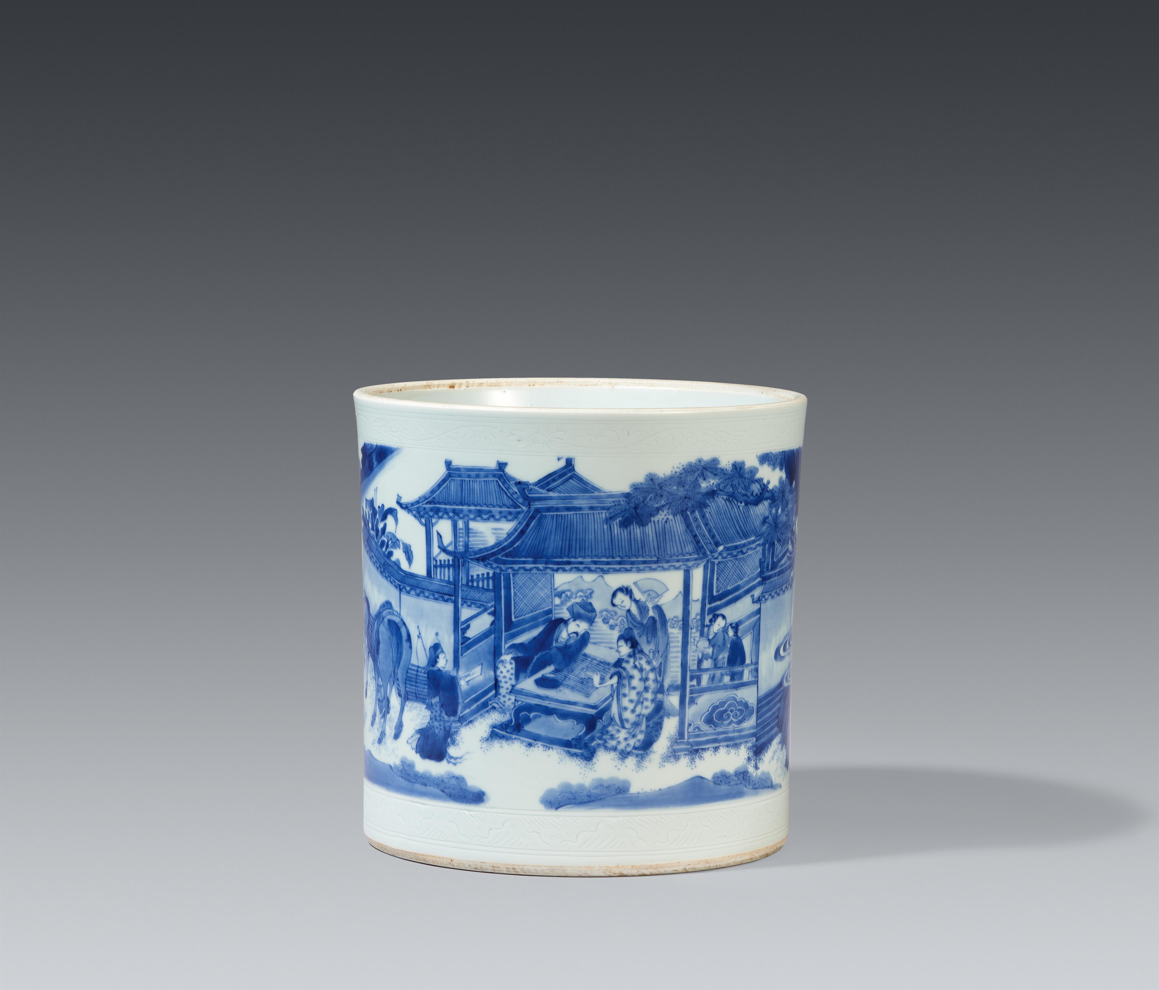 A large blue and white brushpot. Kangxi period (1662-1722) - image-1