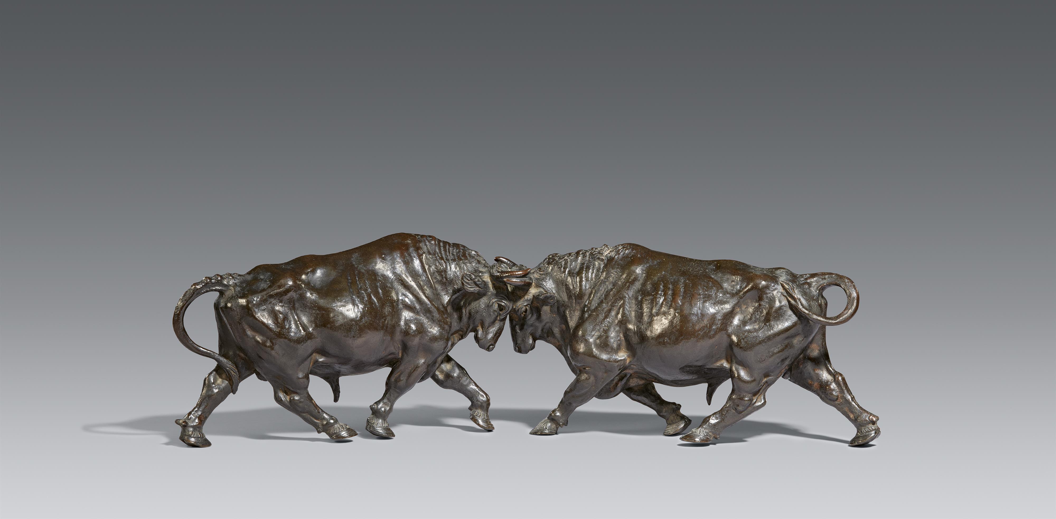 A bronze okimono of two fighting bulls. Late 19th entury - image-1