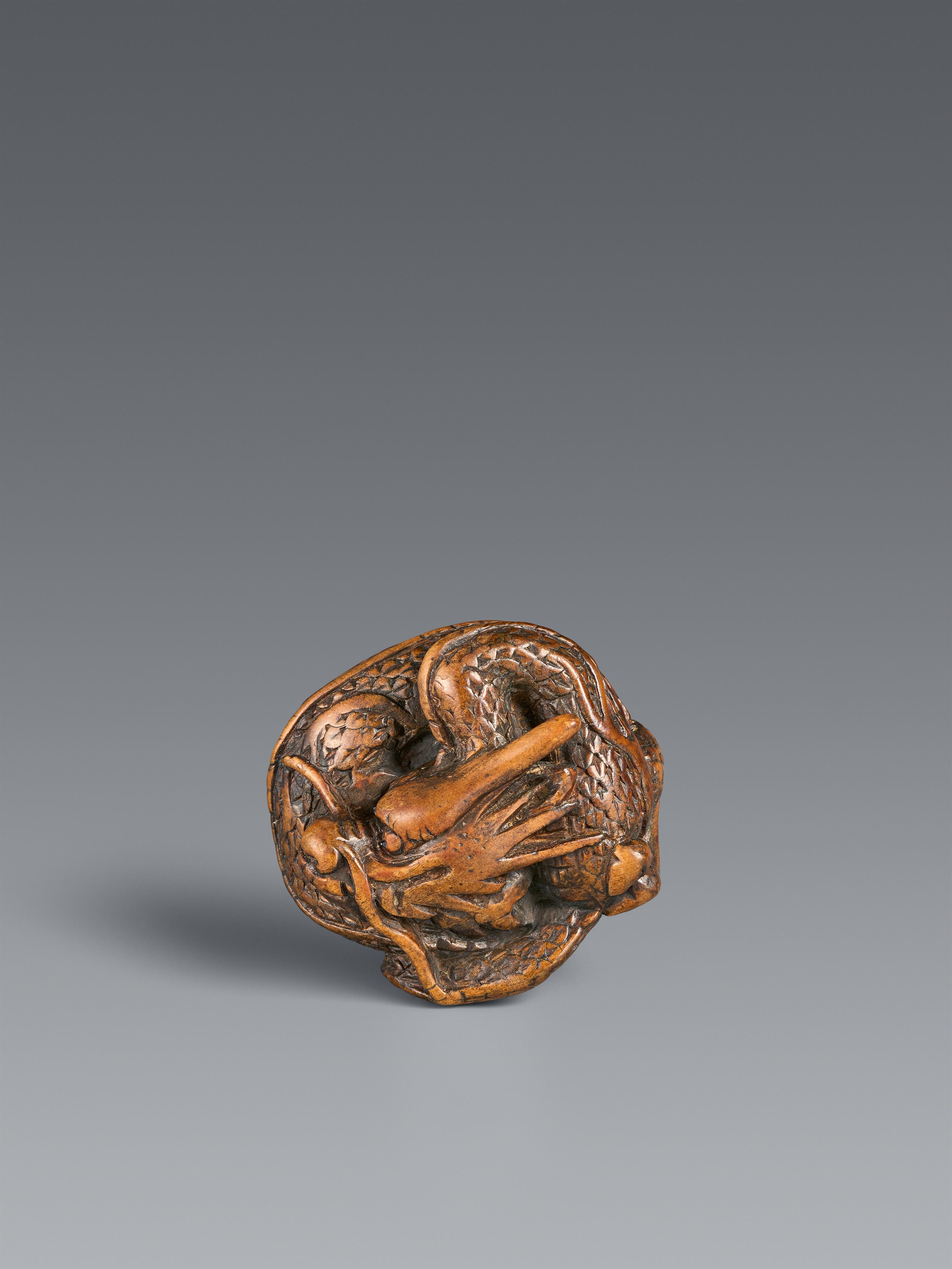 A mingei-type wood netsuke of a large dragon. 19th century - image-1