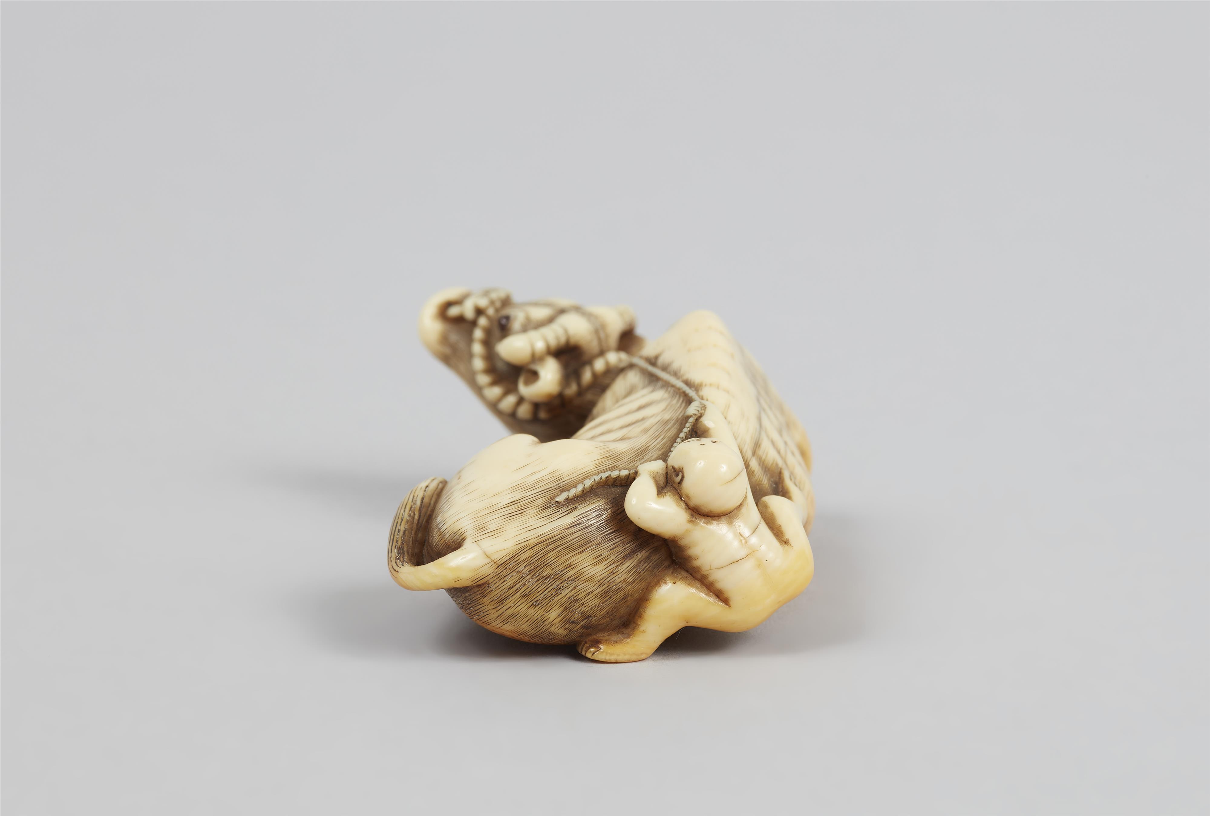 Netsuke eines liegenden Ochsens und Junge. Elfenbein. Spätes 18. Jh. - image-5