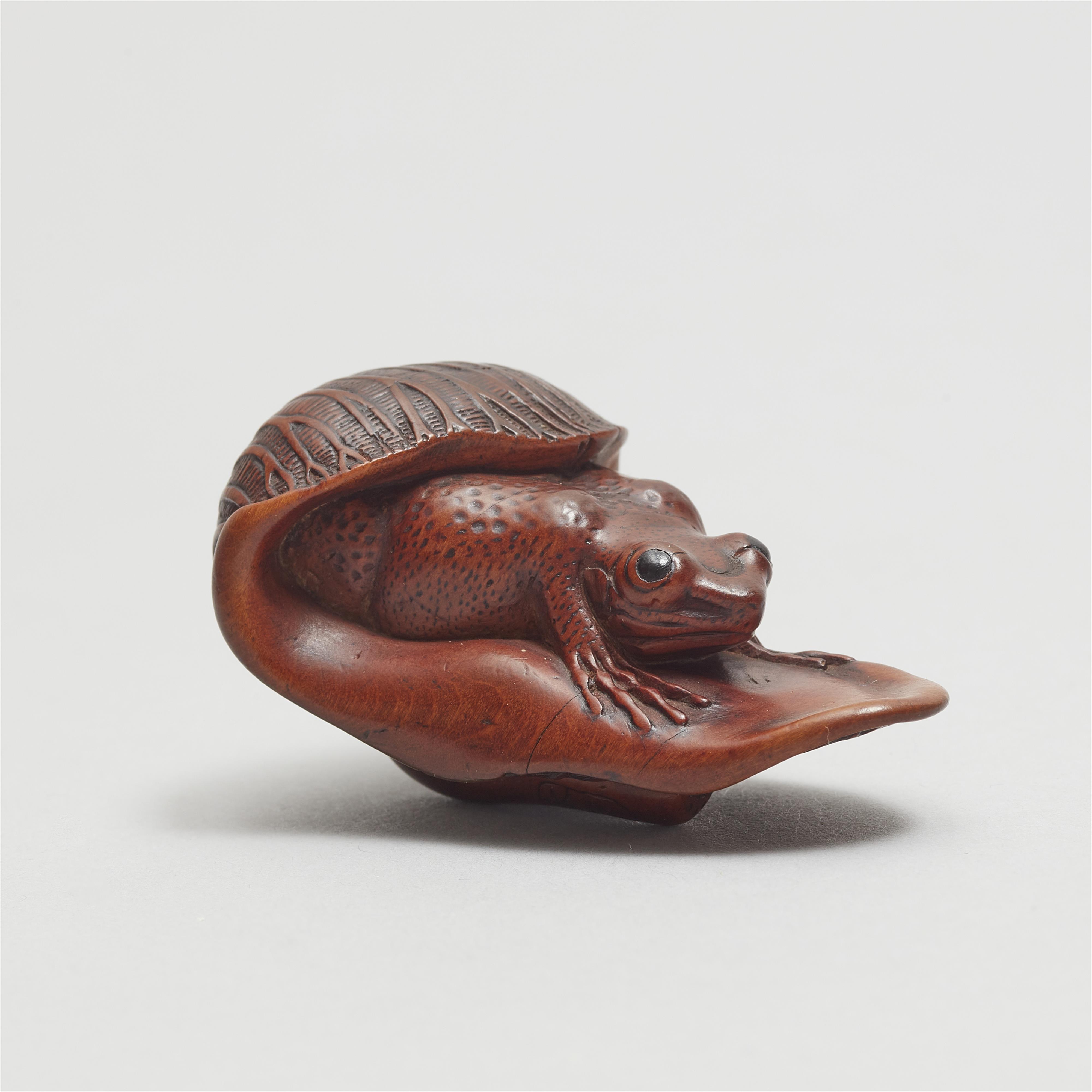 A wood netsuke of a frog on a taro leaf. 19th century - image-4