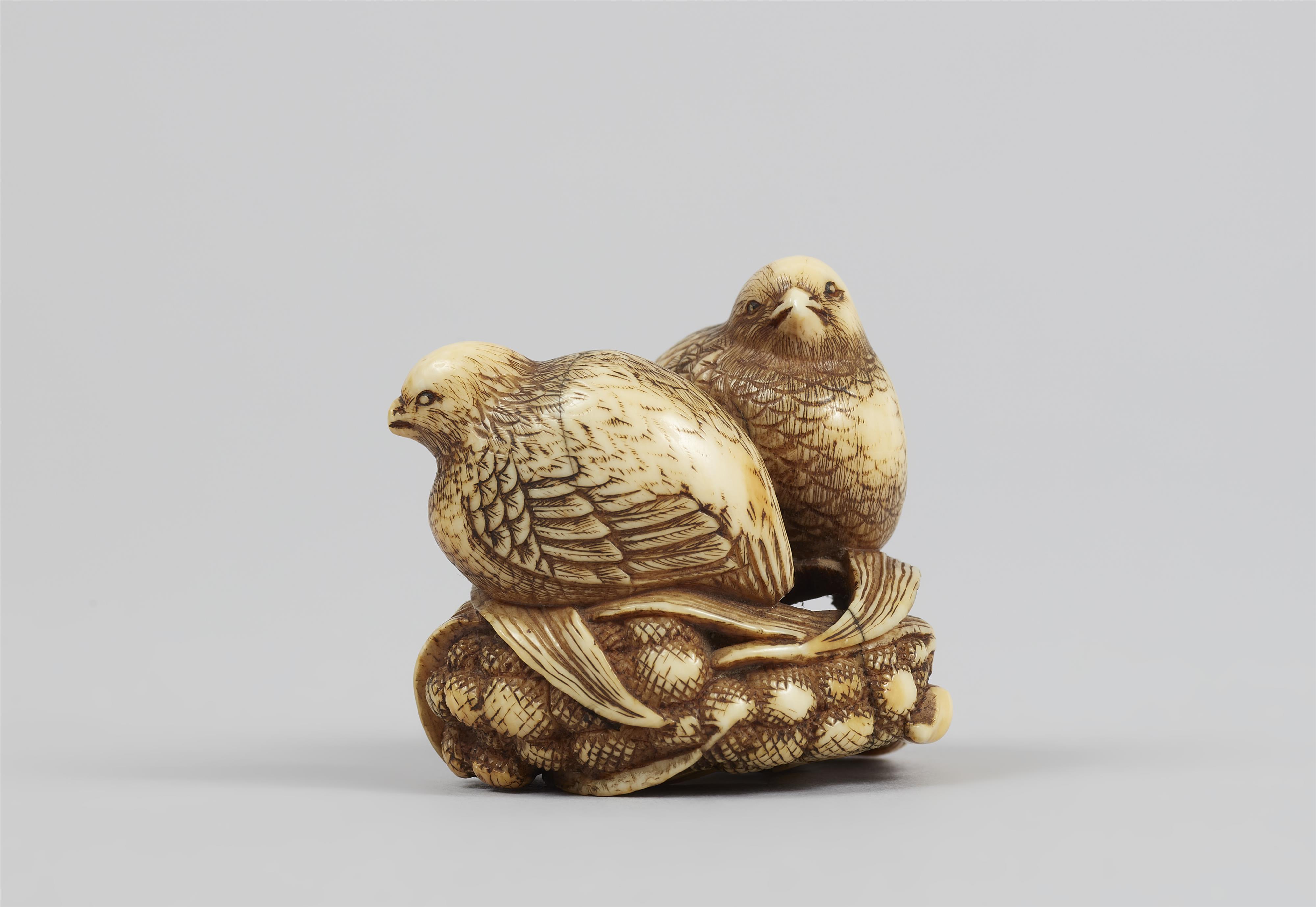 An ivory netsuke of two quails on millet. Early 19th century - image-4