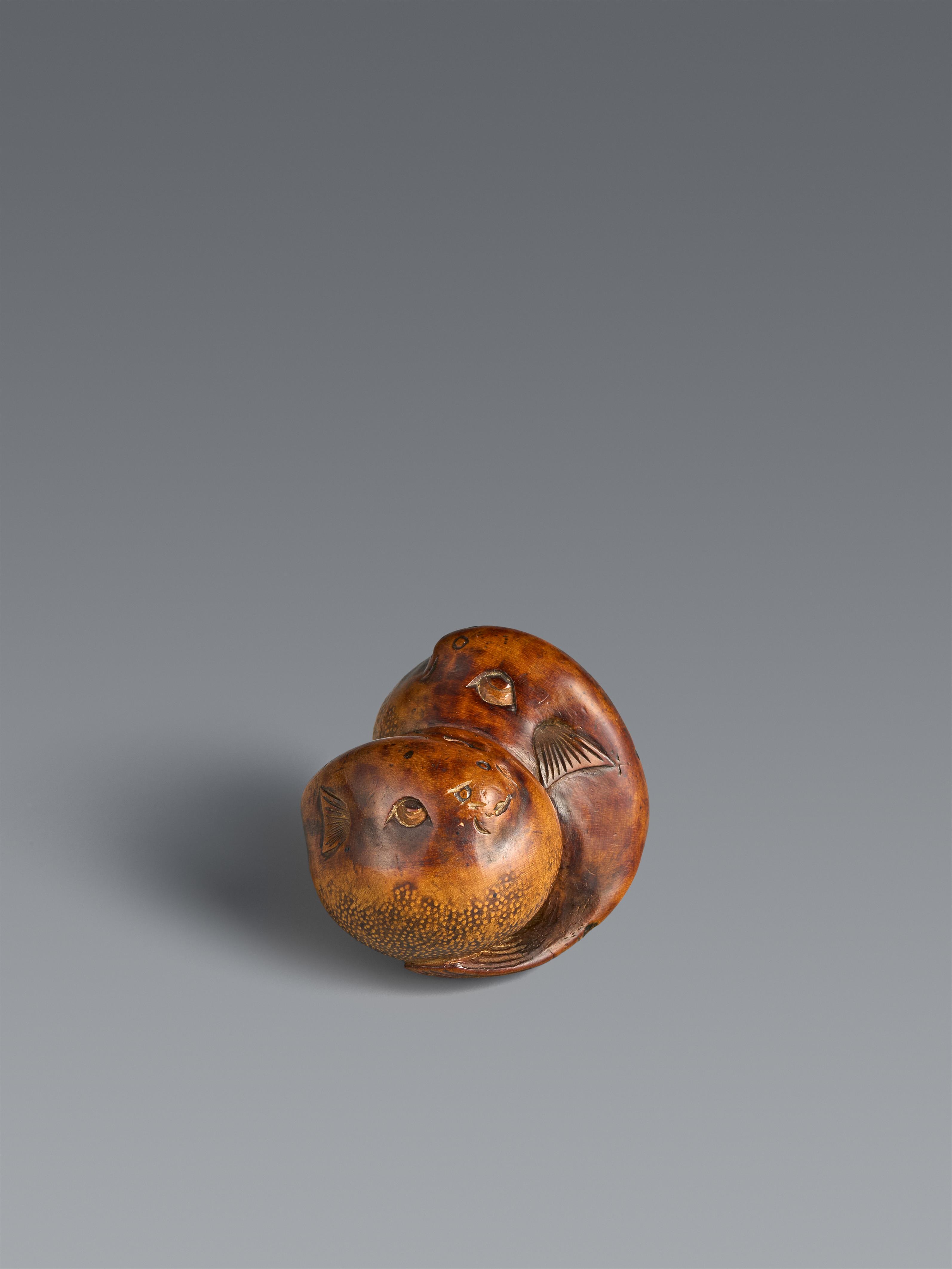 A boxwood netsuke of two blowfish. Around 1800 - image-1