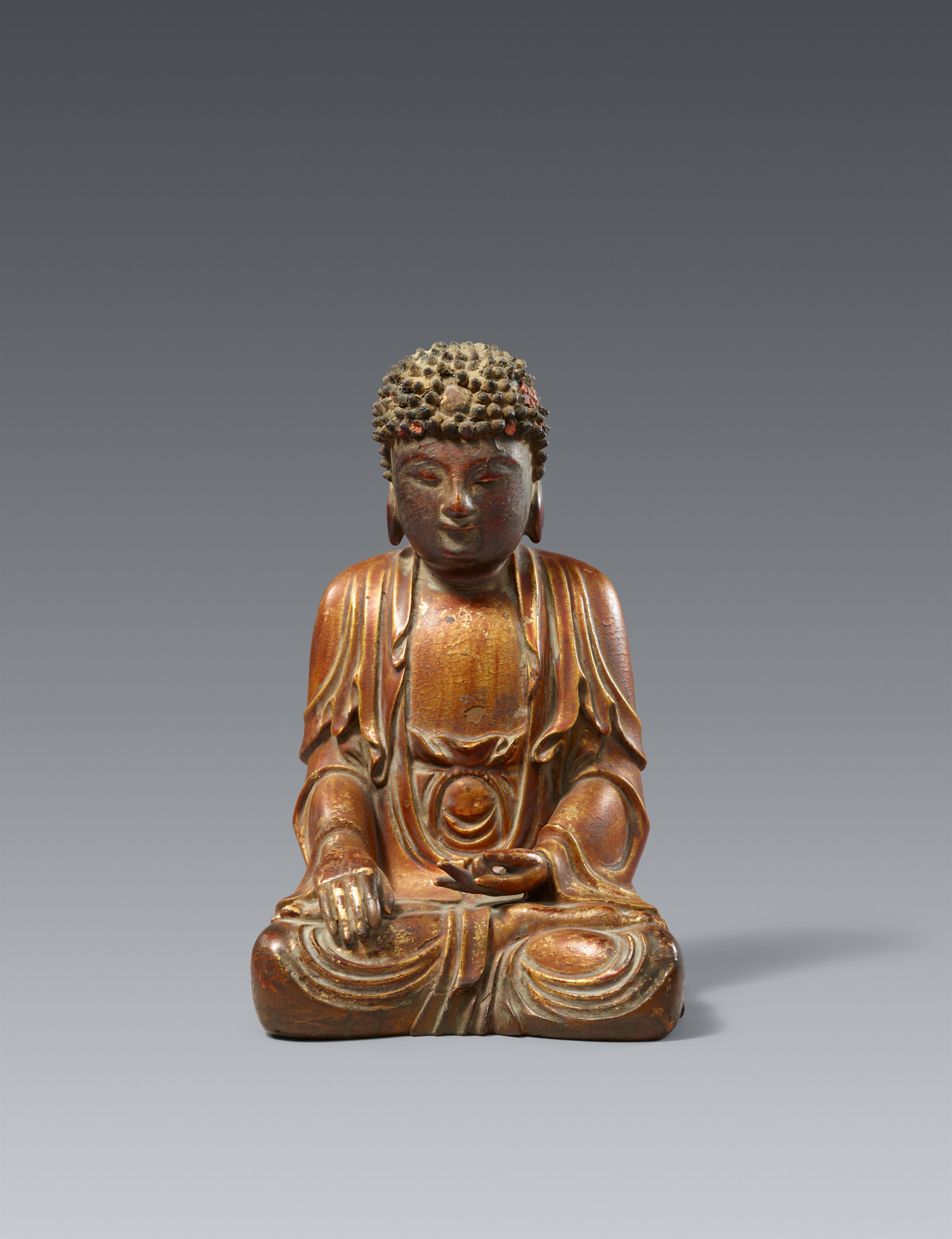 Figur des Buddha Shakyamuni. Holz, Lack und Blattgold. 17. Jh. - image-1