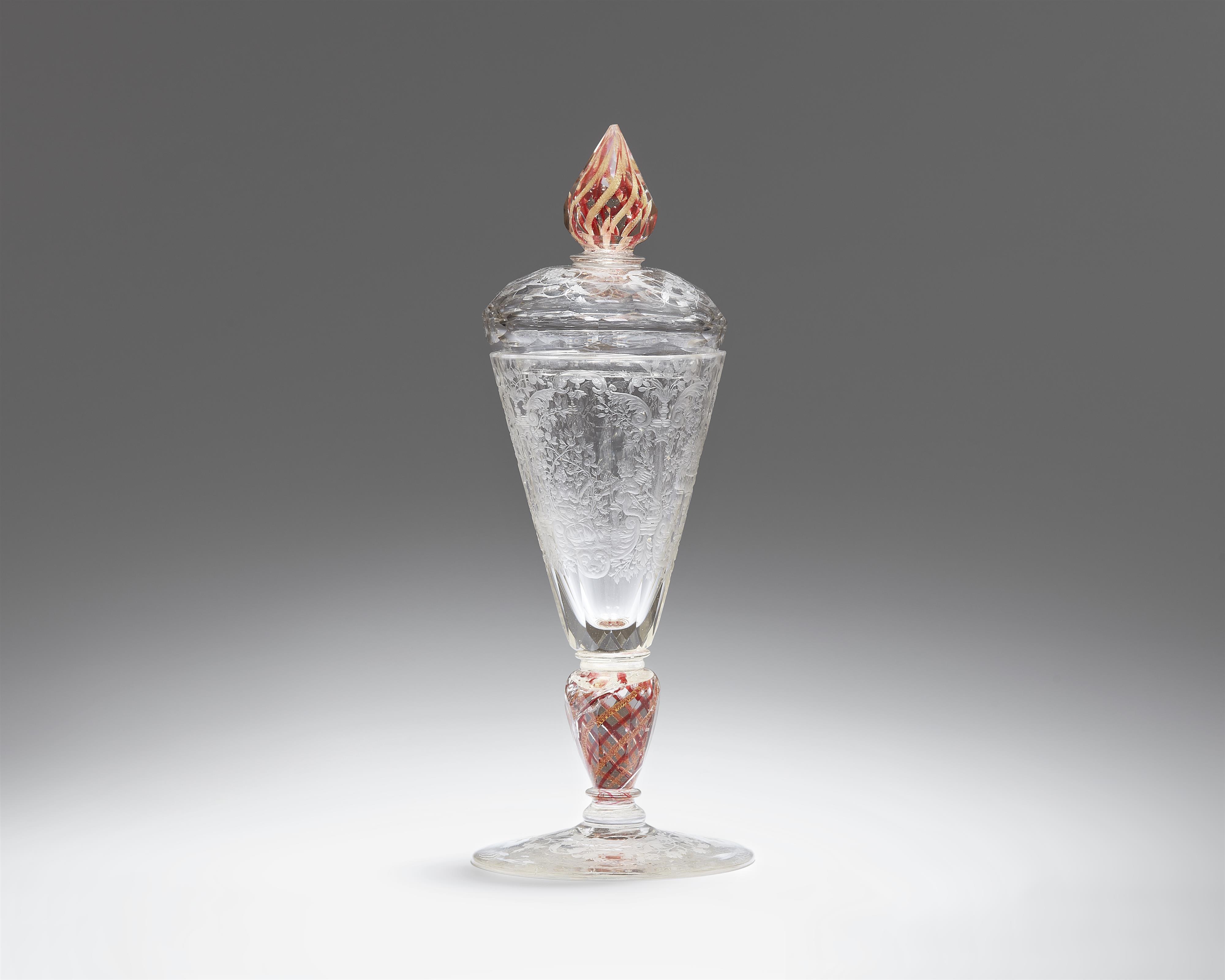 A cut glass goblet with a courtly banquet scene - image-2