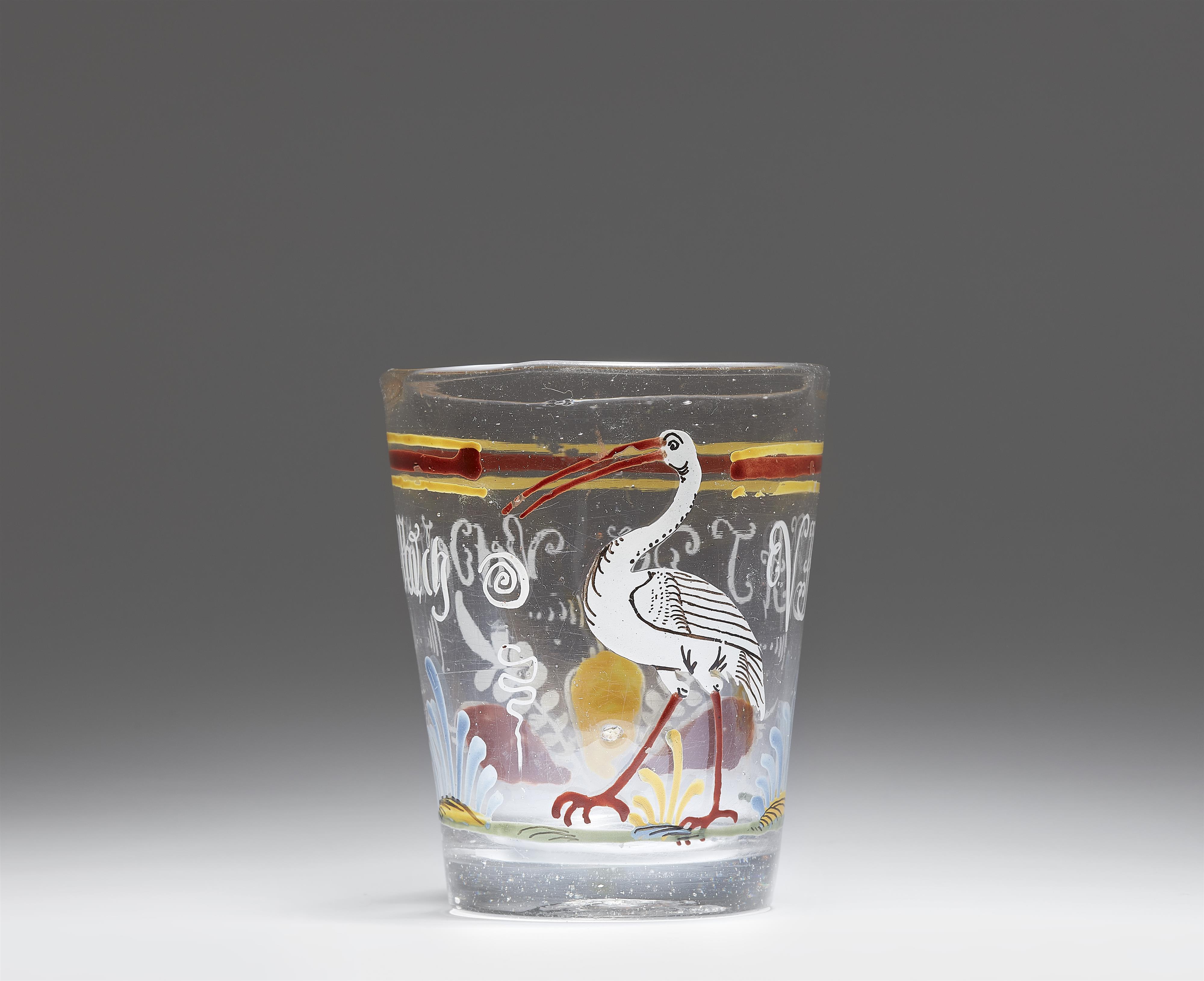 An enamelled cut glass beaker inscribed "VIVAT Der Velder Storch" - image-1