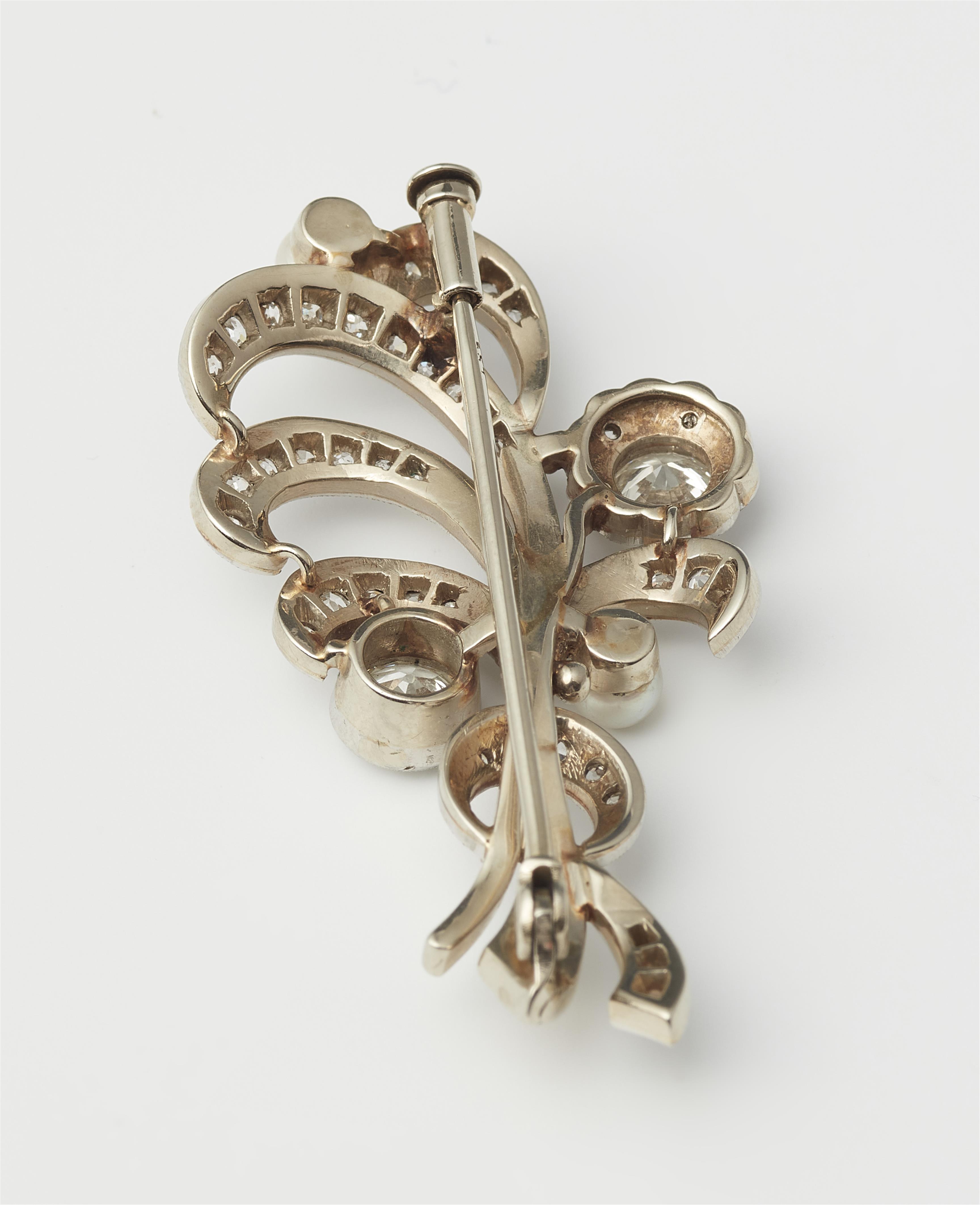 An Art Déco 14k gold platinum diamond and pearl spray brooch. - image-2