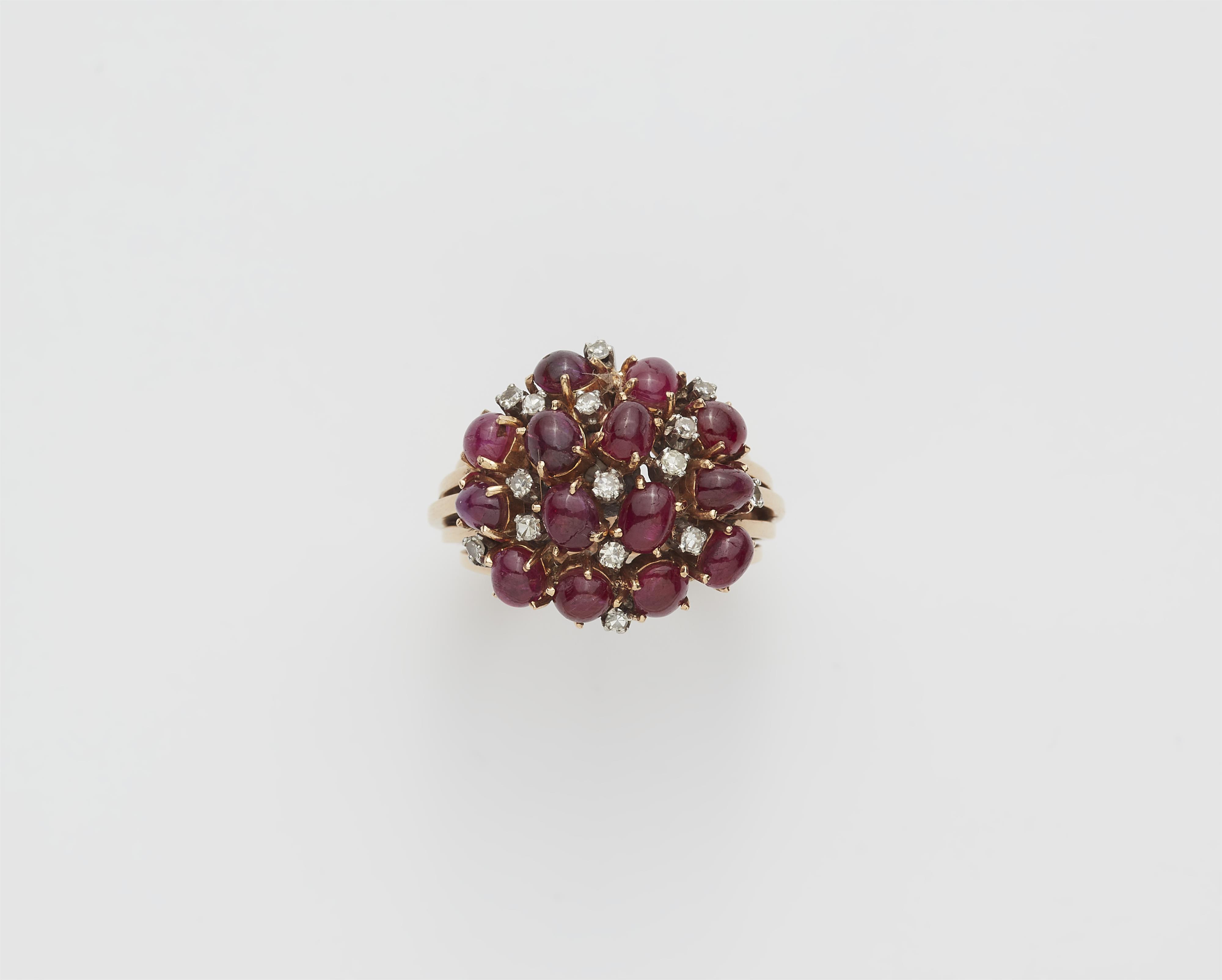 A Retro Style 18k rose gold diamond and ruby cabochon "raspberry" ring. - image-1