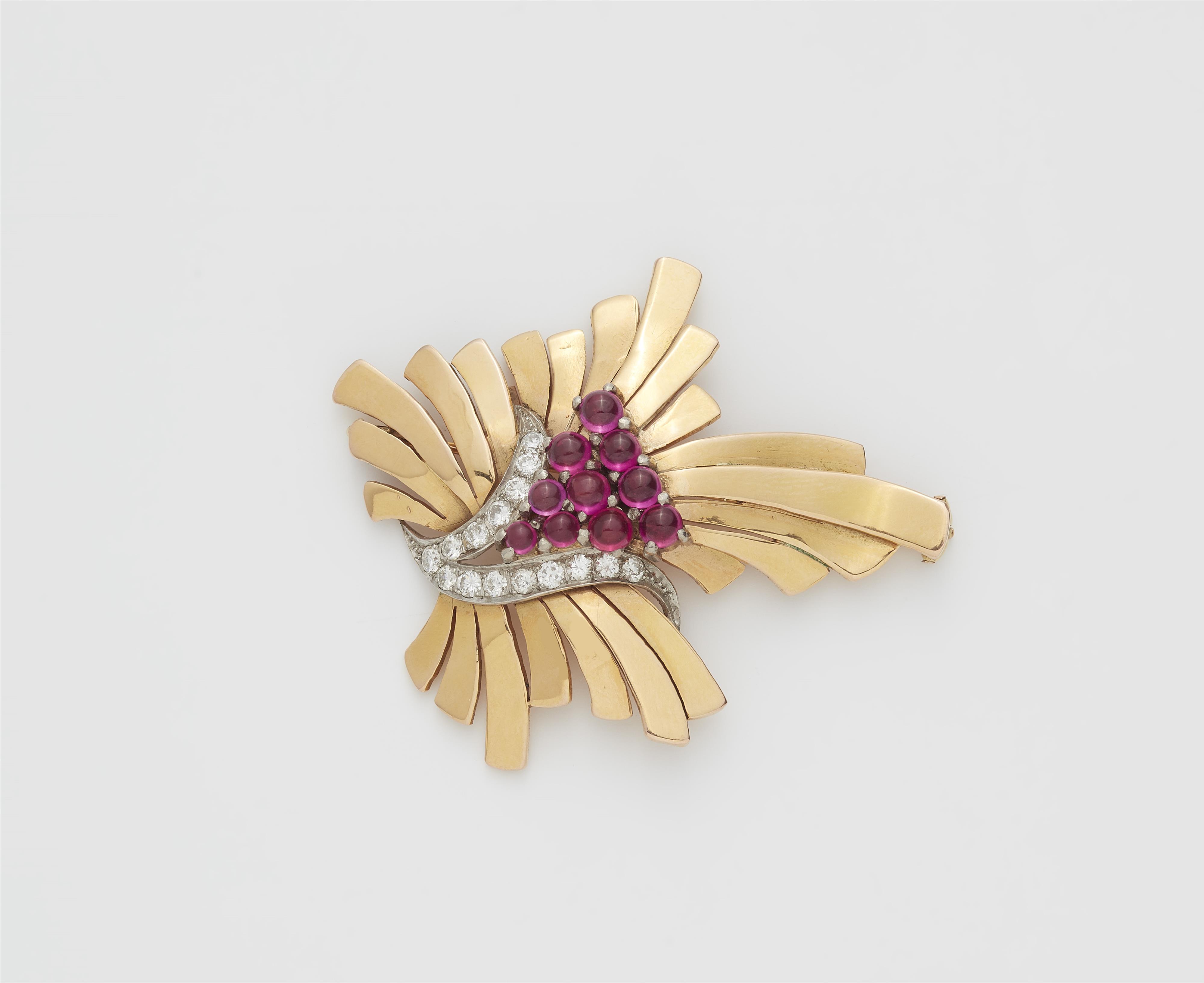 A Retro Style 18k gold platinum synthetic ruby cabochon and diamond brooch. - image-1