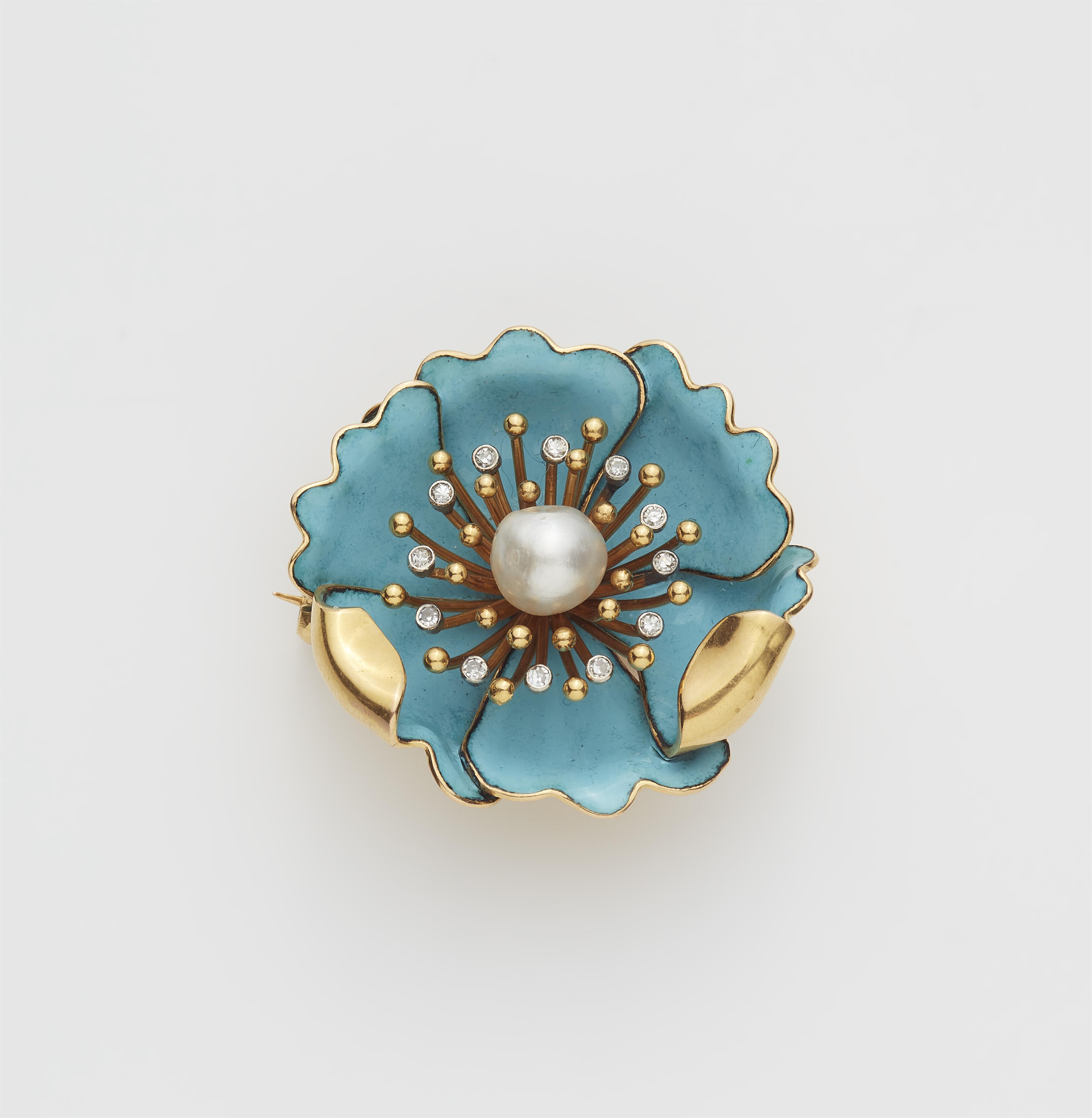 A Portuguese 18k gold enamel diamond and natural pearl dog rose brooch. - image-1