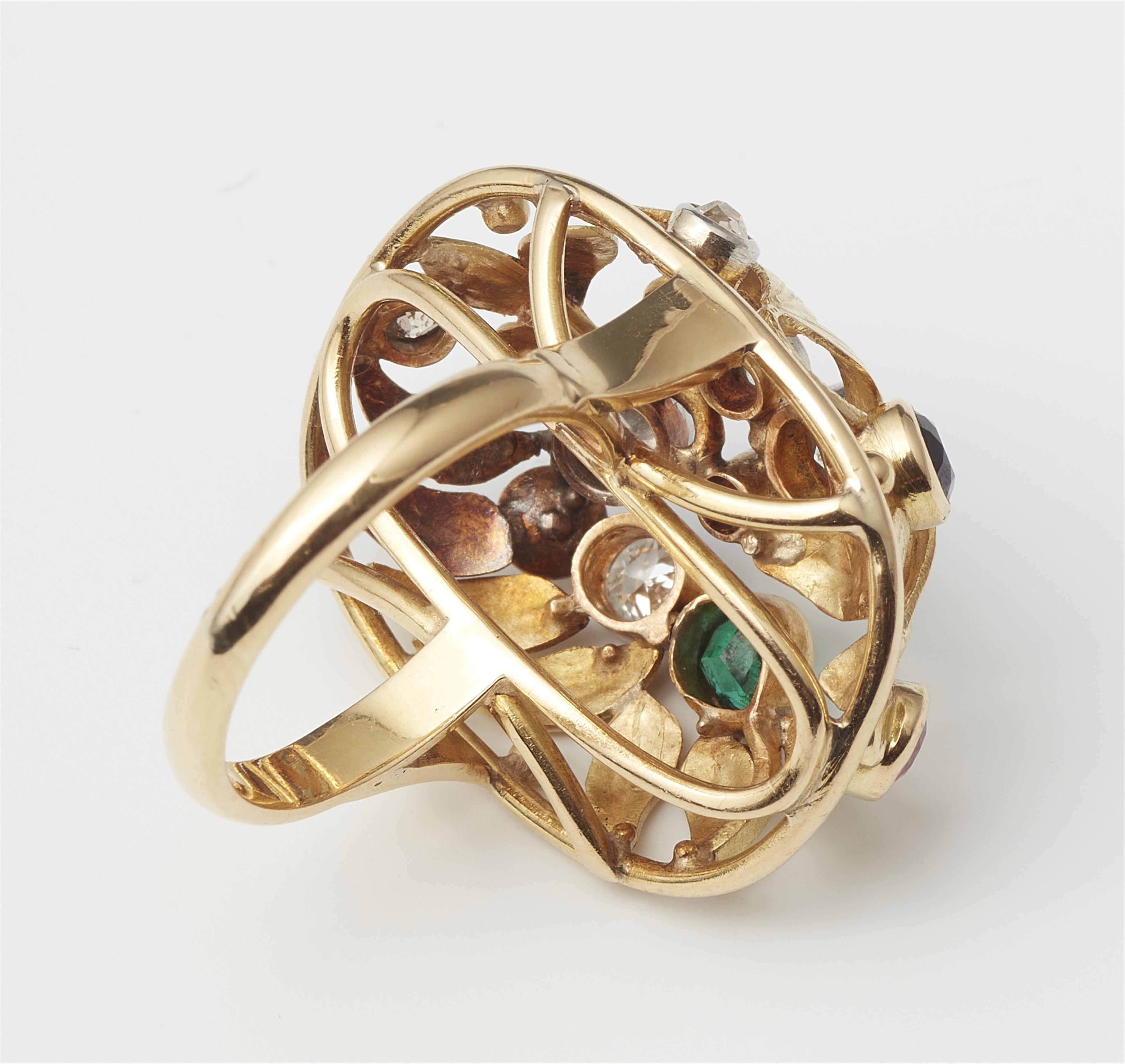 A German 18k gold diamond pearl and gemstone domed ring. - image-2