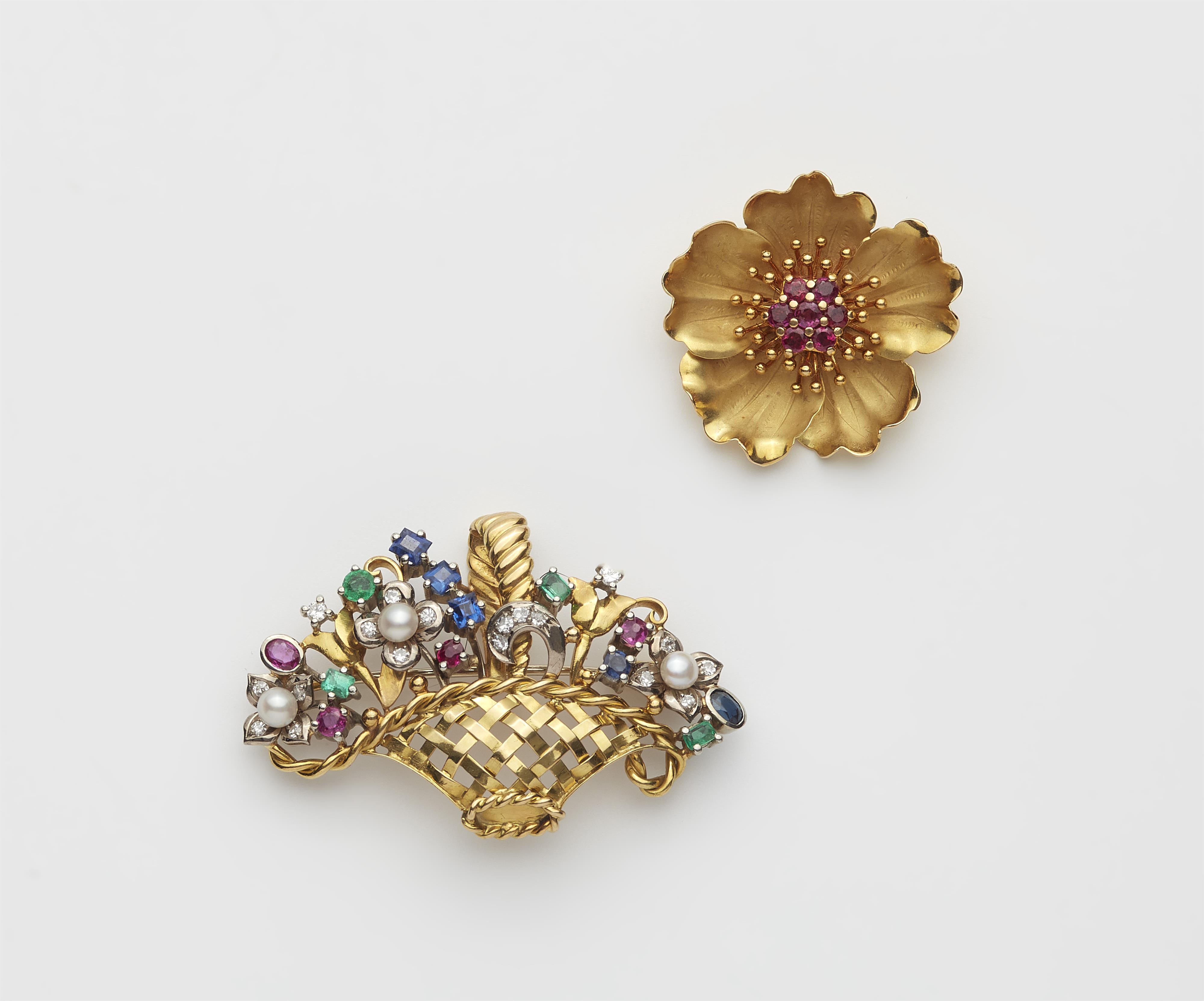 Two German 18k gold gemstone and pearl floral brooches. - image-1