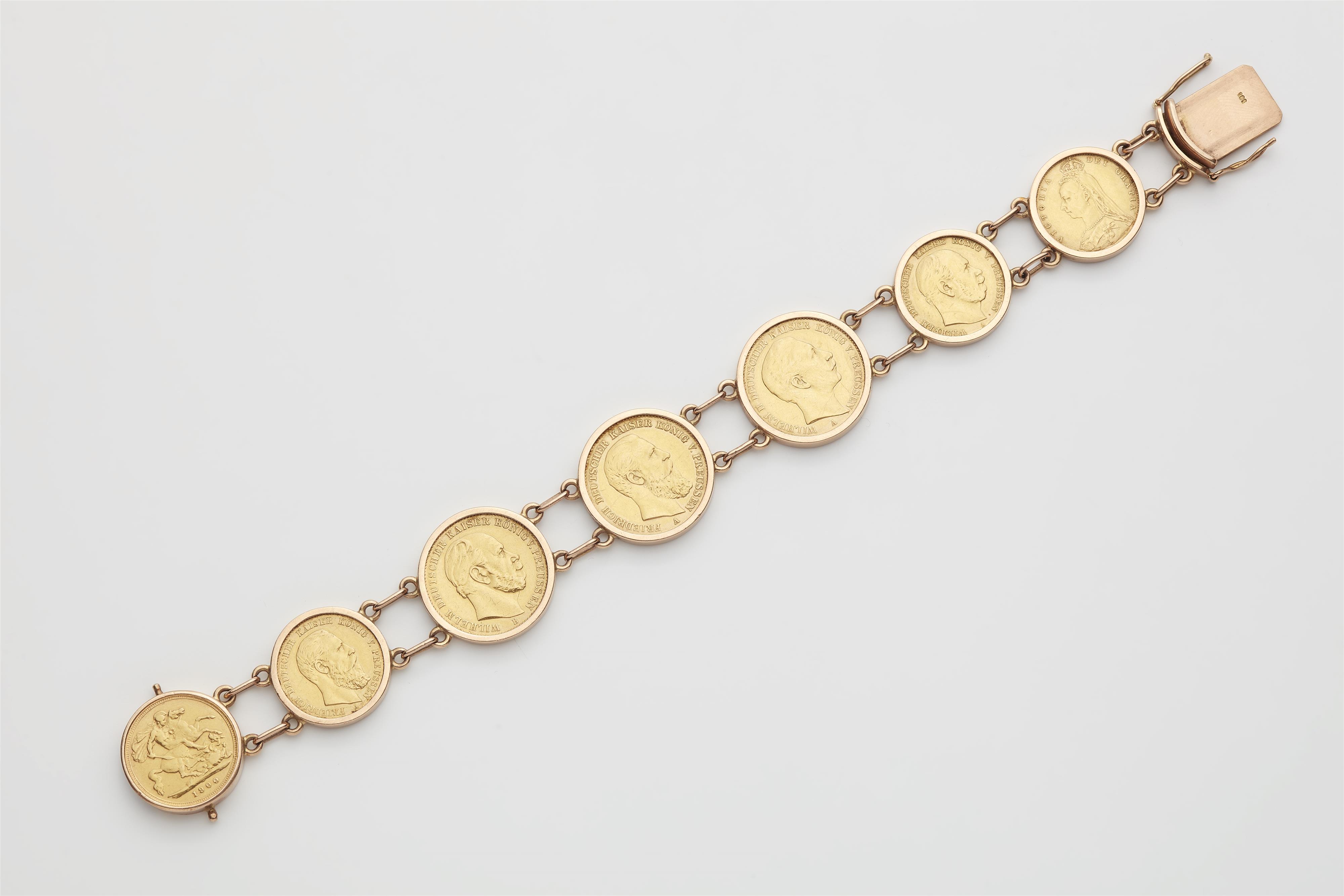 A German 14k rose gold bracelet with seven gold coins. - image-1