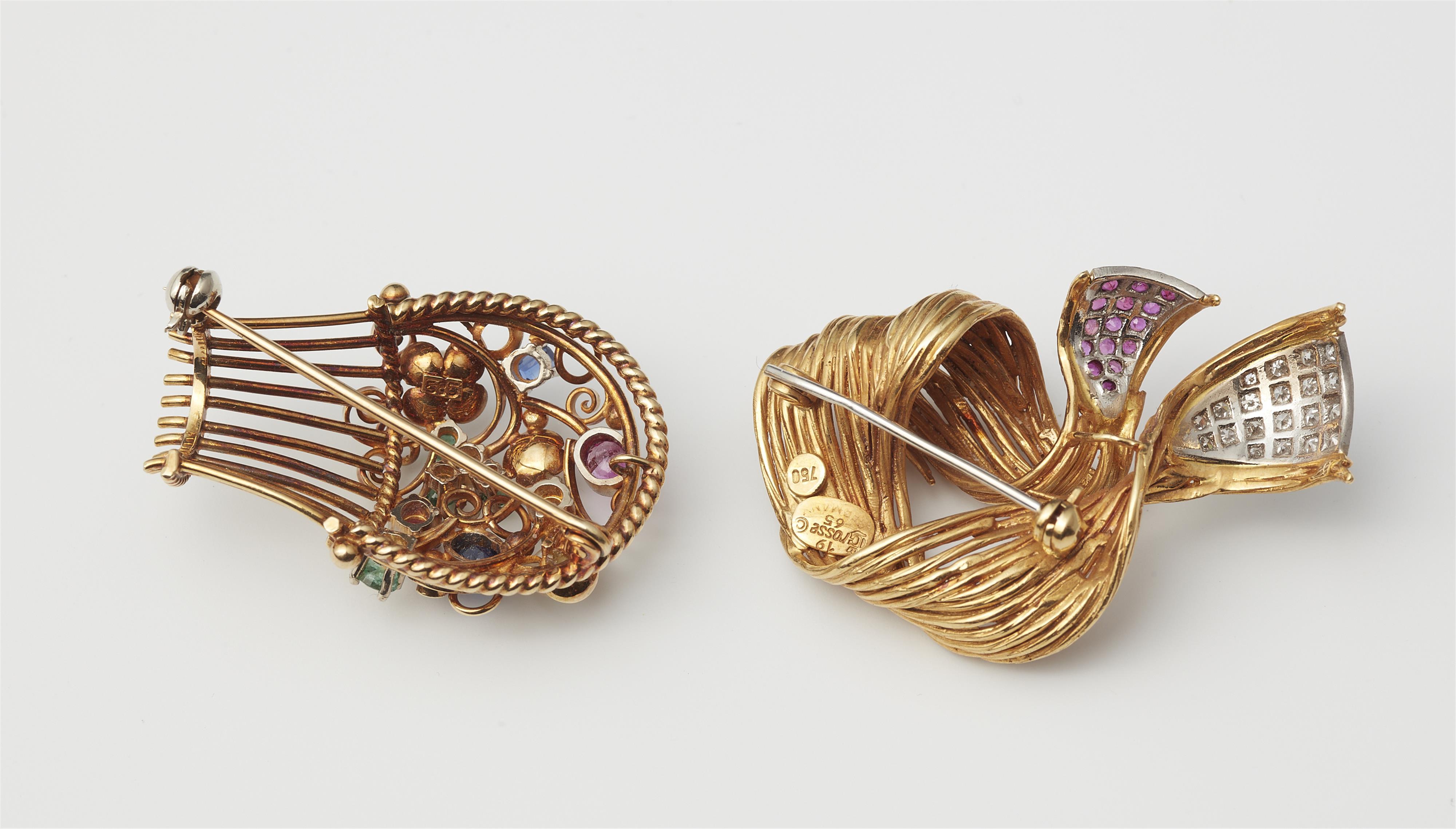 Two German 14/18k gold diamond and coloured gemstone brooches. - image-2