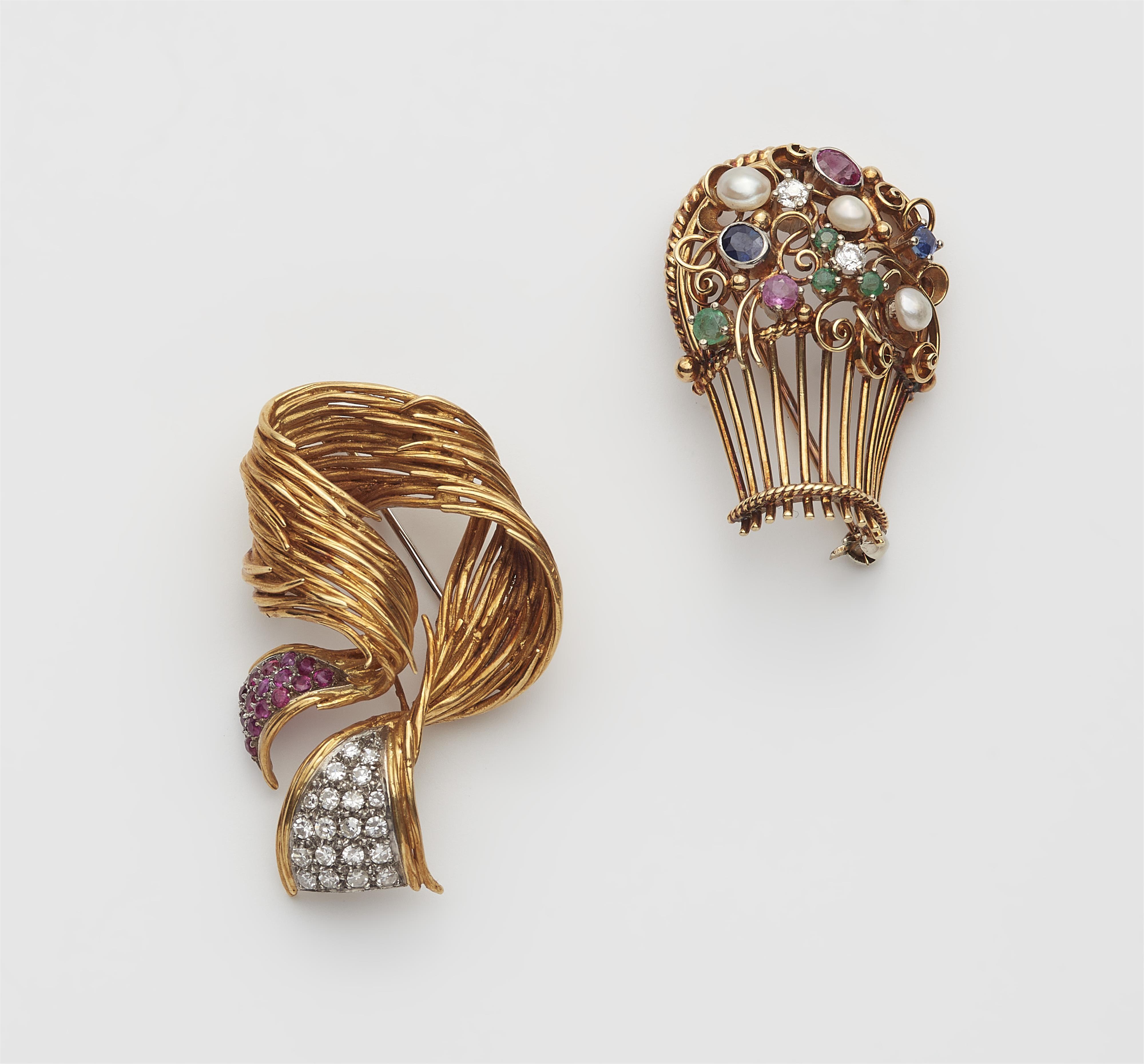 Two German 14/18k gold diamond and coloured gemstone brooches. - image-1