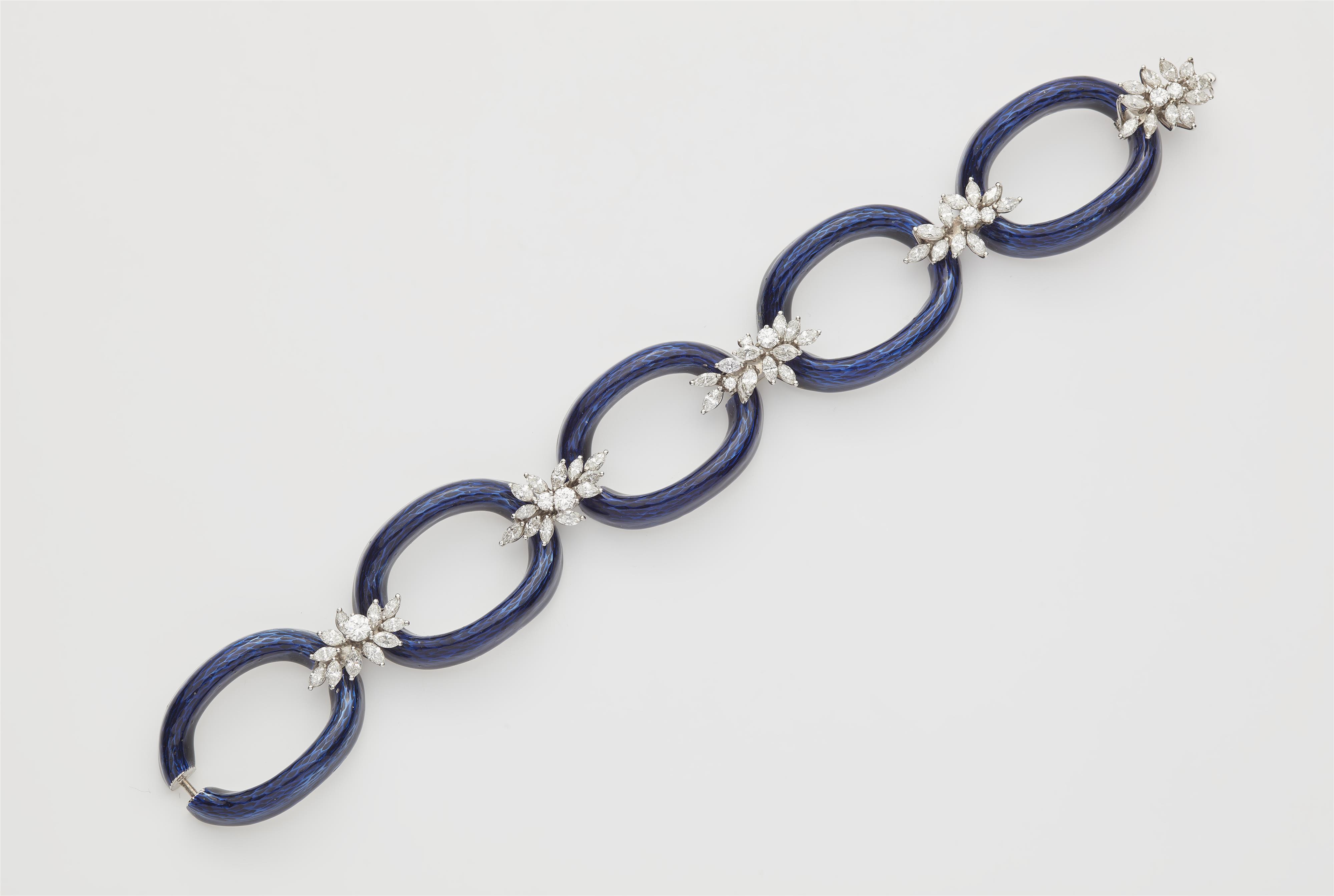 A German 18k gold blue translucent enamel and diamond bracelet. - image-1