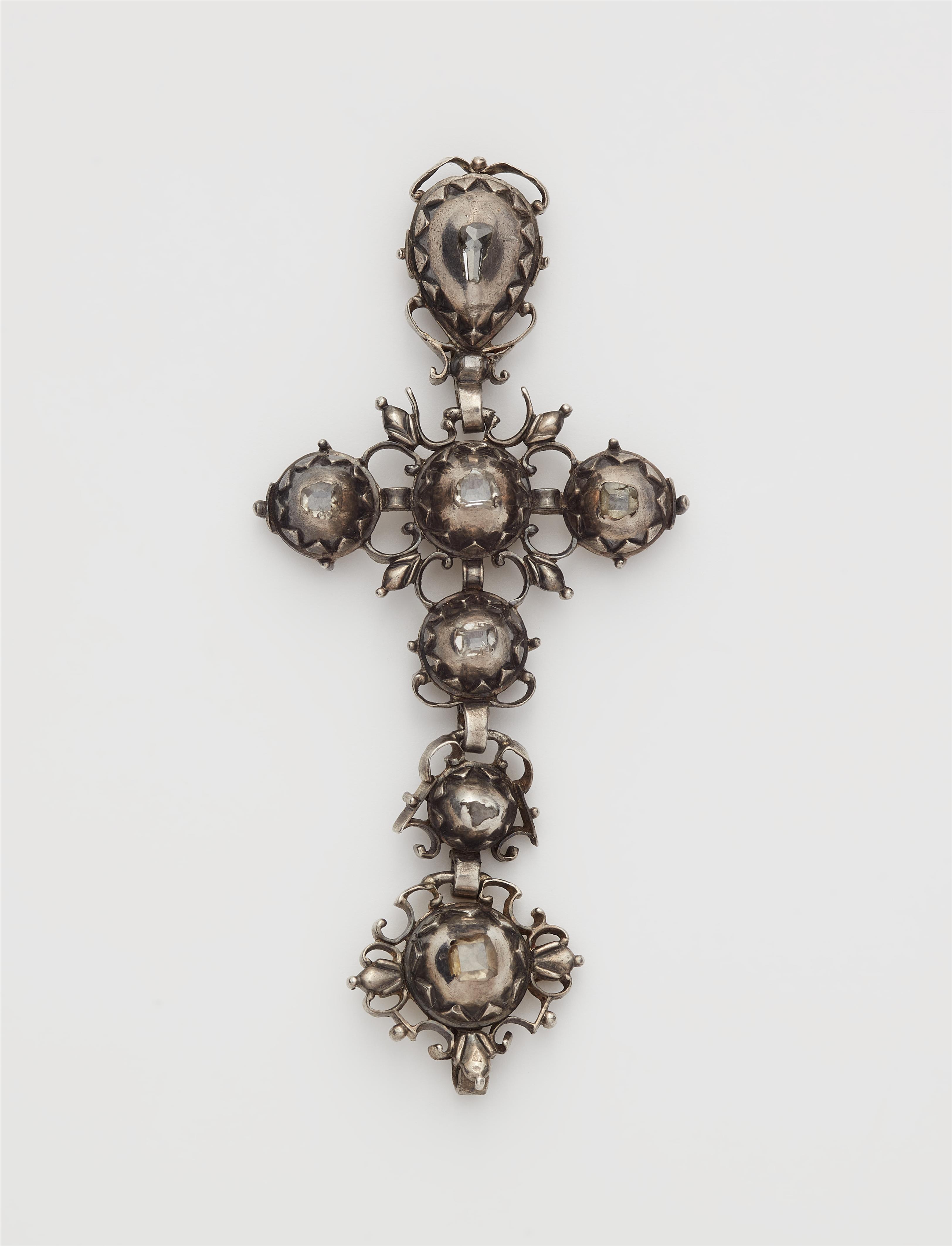 A Rococo silver gilded diamond multi part cross pendant. - image-1